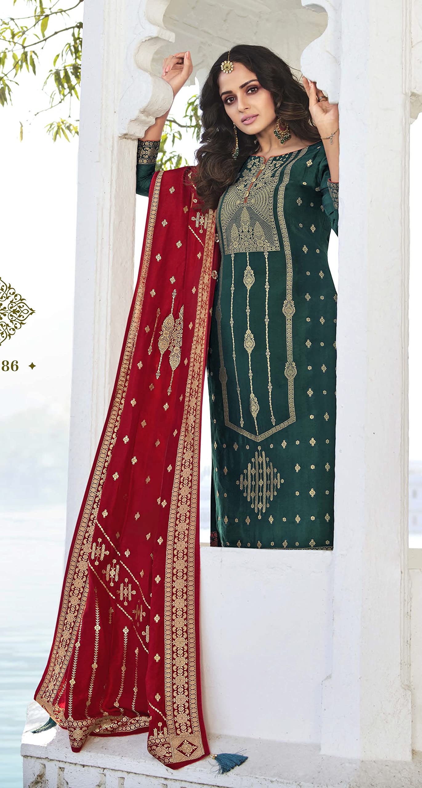 DRAVINAM Trends Women’s Unstitched banarasi Salwar Suit Fabric Dress Material with pure banarasi Dupatta (Red)