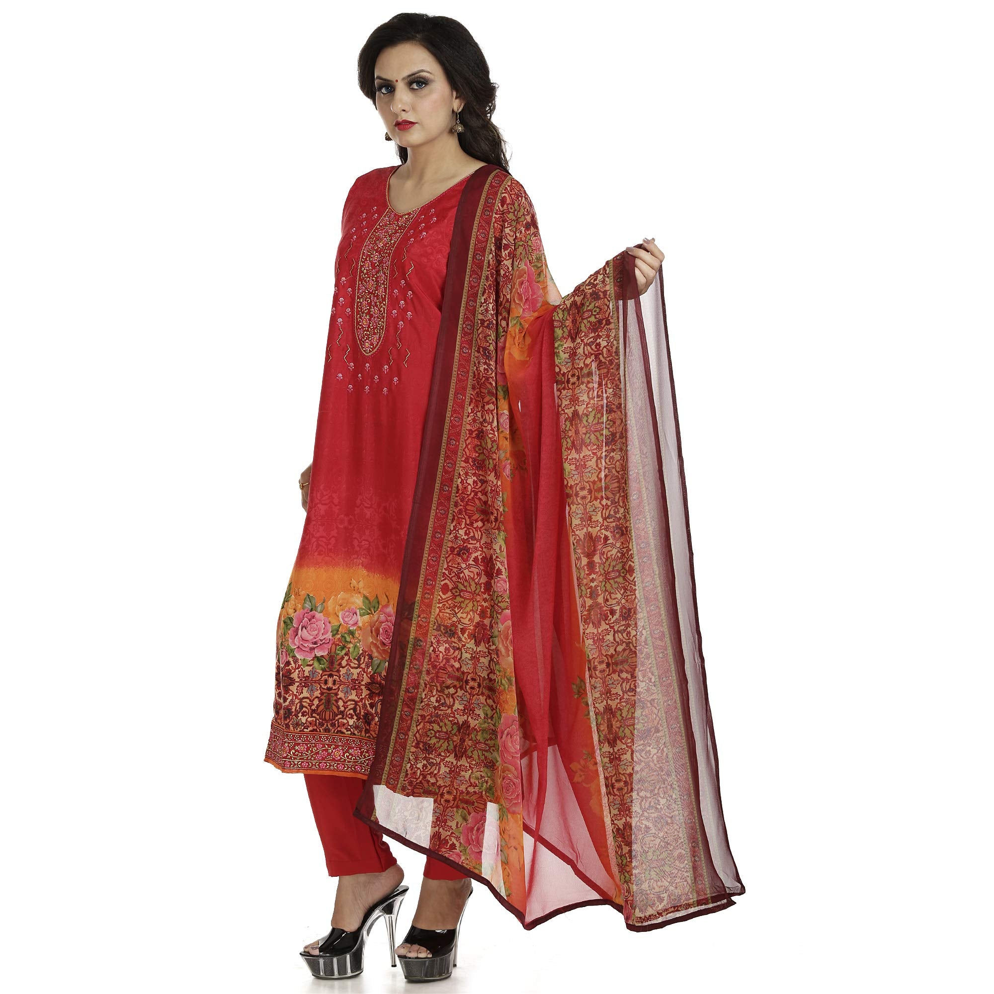 DRAVINAM Trends Women's Embroidered Pure Crepe Floral Printed Salwar Suit Dress Material with Printed Georgette Dupatta (Unstitched)