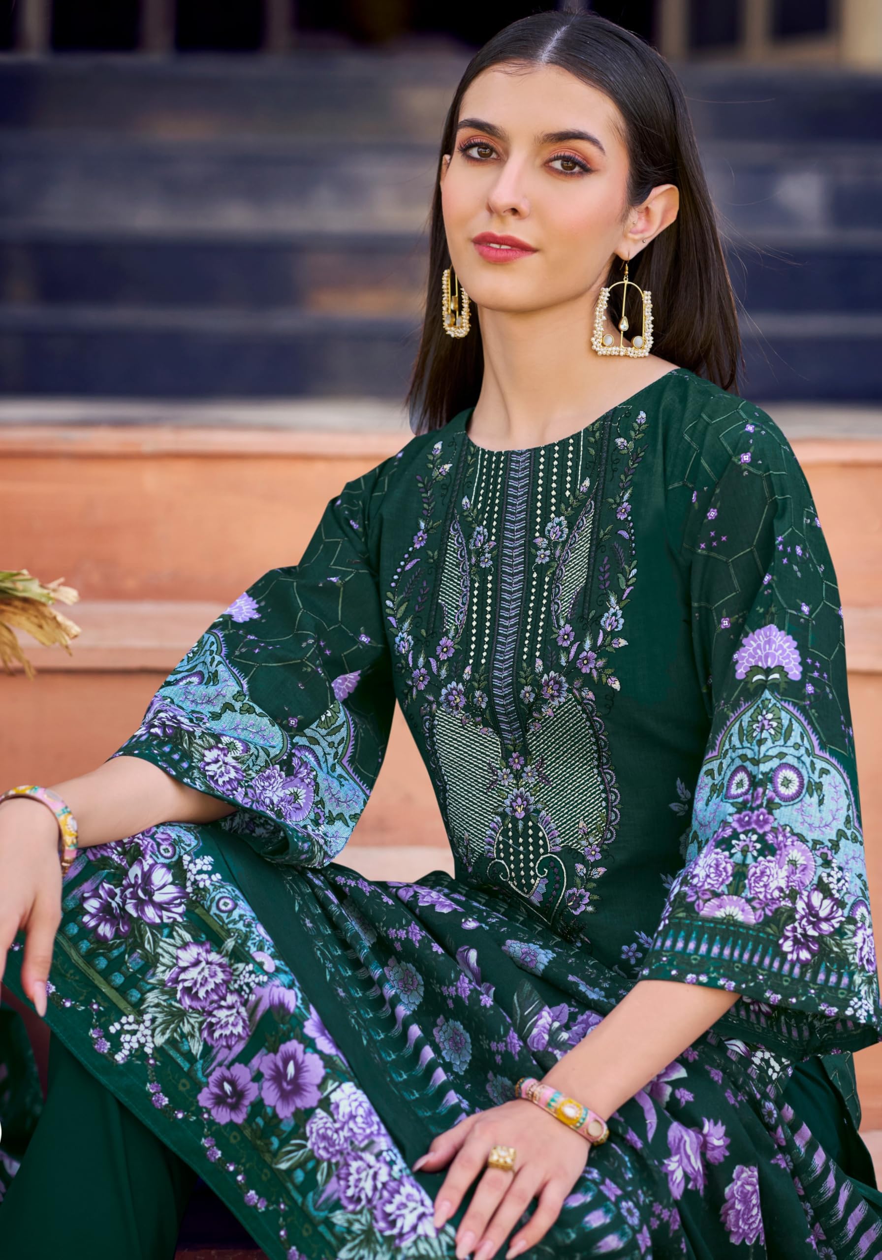 Women’s Dress Set | Pure Cotton with Print & Heavy Embroidery (2.5m), Mal Mal Dupatta (2.3m), Bottom (3m) | Available in Unstitched & Stitched Options (BLUE, XL - 42 Inch, Stitched)