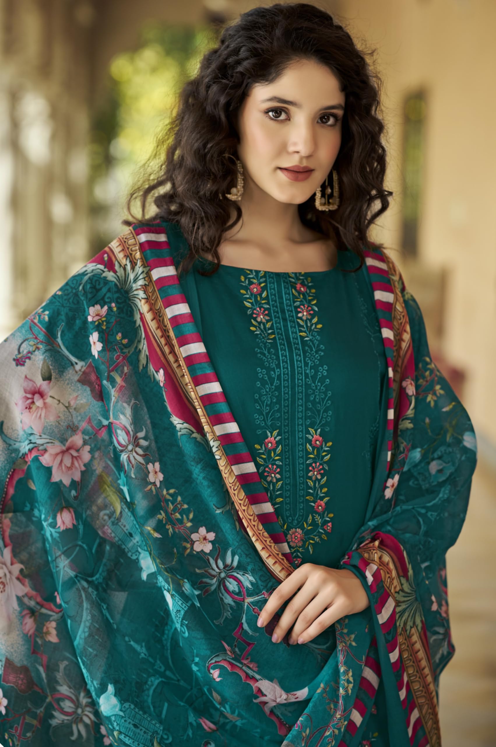 DRAVINAM Trends Women's Unstitched Jam Cotton Embroidered Suit Material - Jam Cotton Heavy Embroidered Cutwork Shirt II Rayon Bottoms II Cotton Printed Dupatta