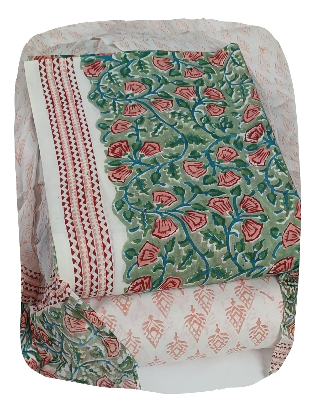 DRAVINAM Trends Hand Block Print Pure Cambric Cotton Unstitched Suit Material with Chiffon Hand Printed Dupatta