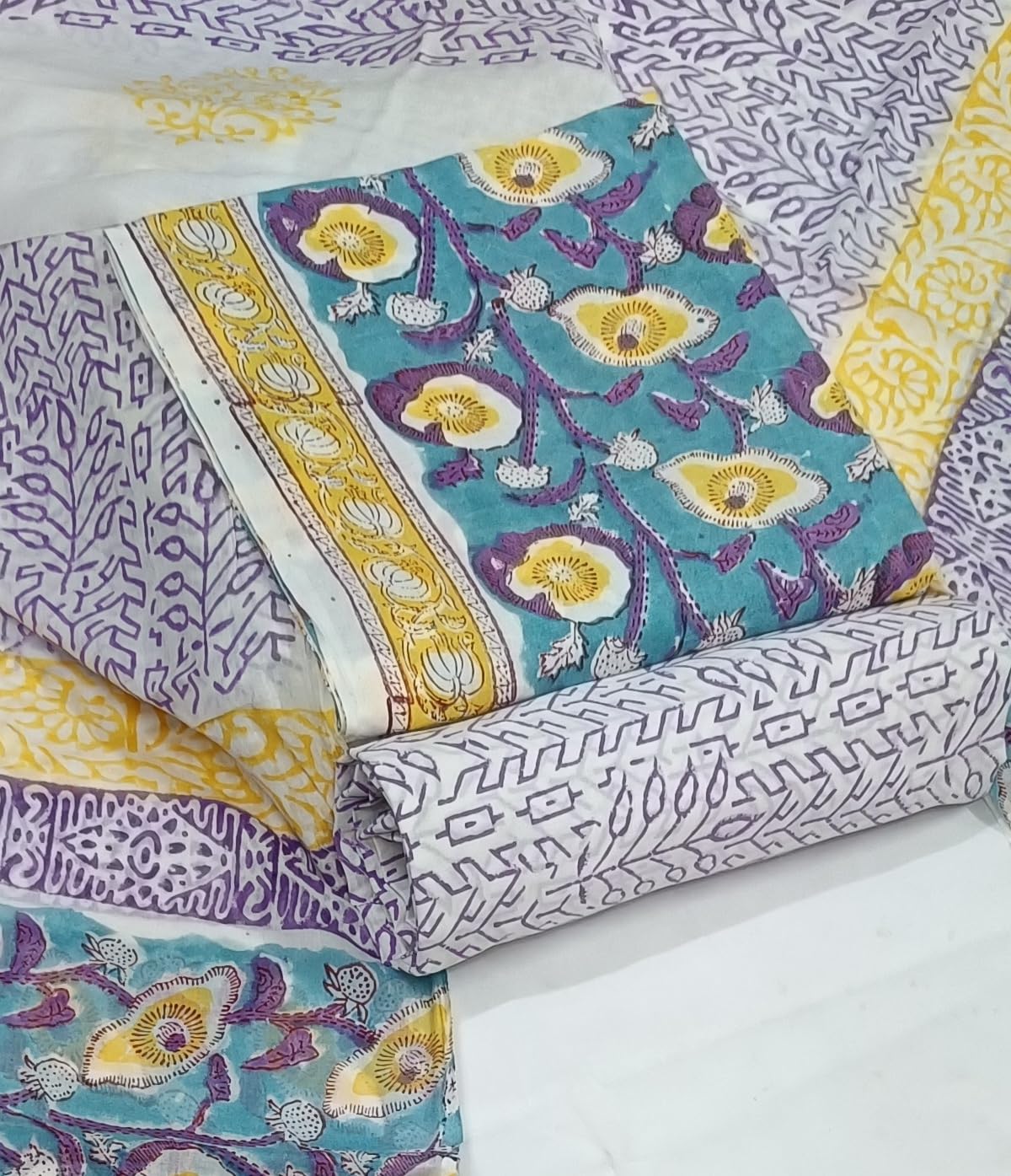 DRAVINAM Trends Hand Block Print Sanganeri Cambric Unstitched Cotton Suit Dress Material for Women with Mulmul Cotton Hand Printed Dupatta