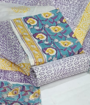 DRAVINAM Trends Hand Block Print Sanganeri Cambric Unstitched Cotton Suit Dress Material for Women with Mulmul Cotton Hand Printed Dupatta