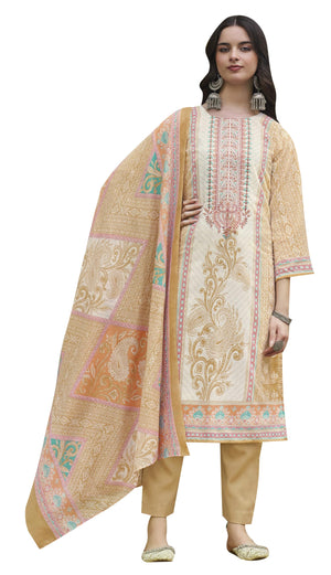 DRAVINAM Trends Kurti 2.50 mtrs, Pure Cotton Salwar (3 mtrs apx), Pure Cotton Mal Mal Print (2.30|Light Brown 1