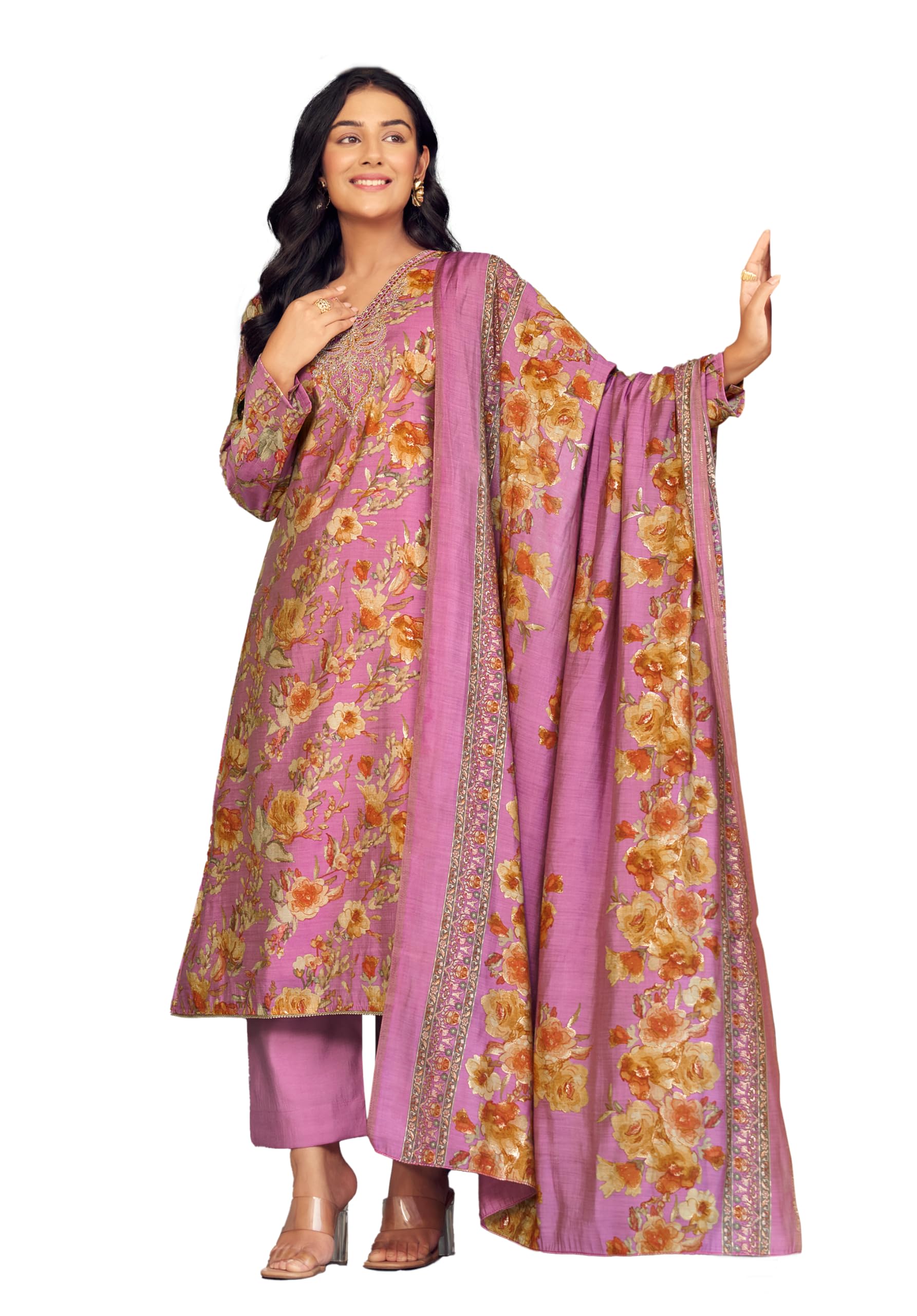 DRAVINAM Trends Women's Unstitched Salwar Suit Dress Material Modal Silk Discharge Foil Print Cording Embroidered Kameez Plain Unstitched Bottoms and Modal Silk Discharge Foil Print Dupatta