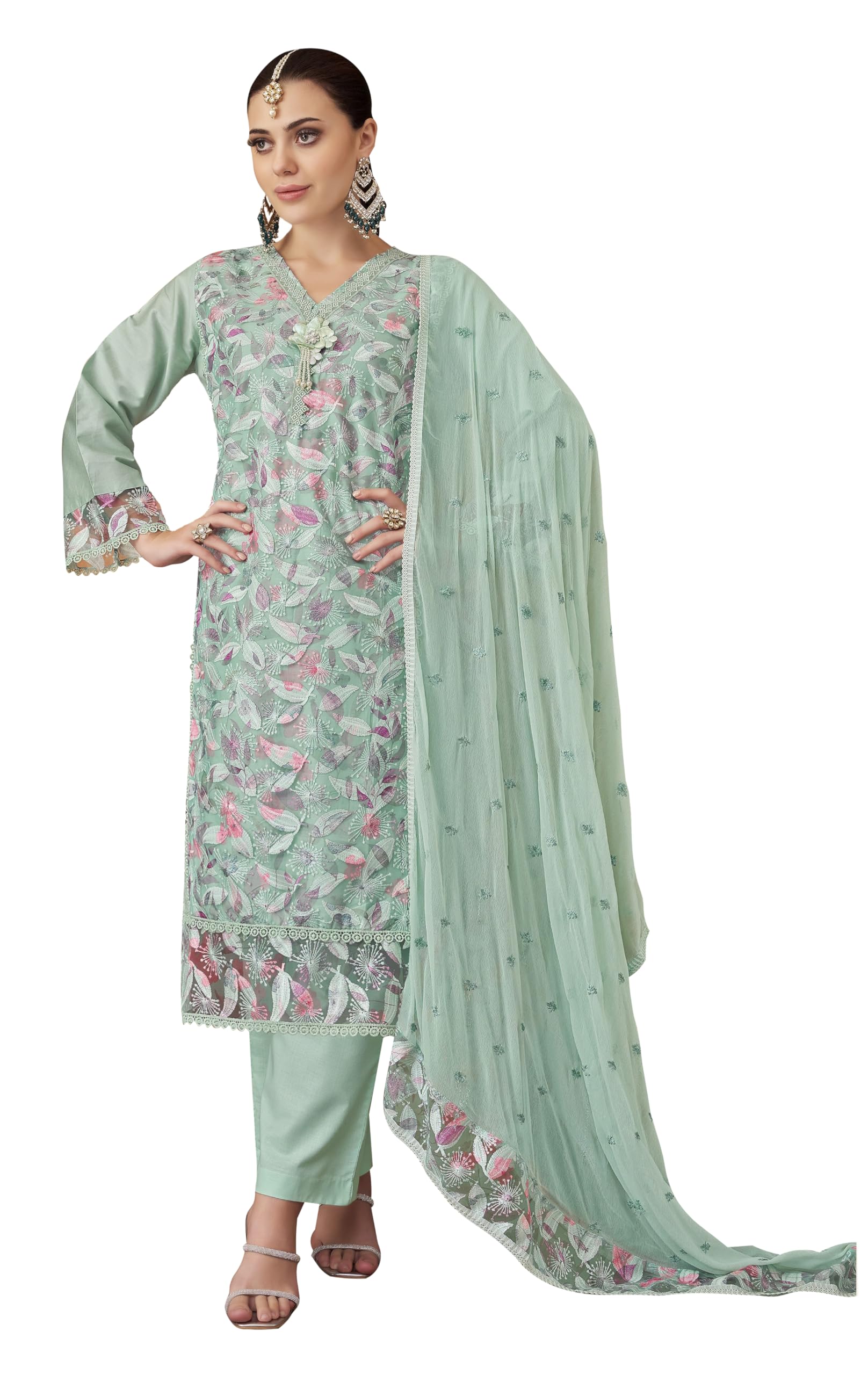 DRAVINAM Trends Women's Unstitched Cotton Embroidered Suit Material -Jam Cotton Embroidered Shirt II Cotton Bottoms II Chiffon Ptinted Dupatta