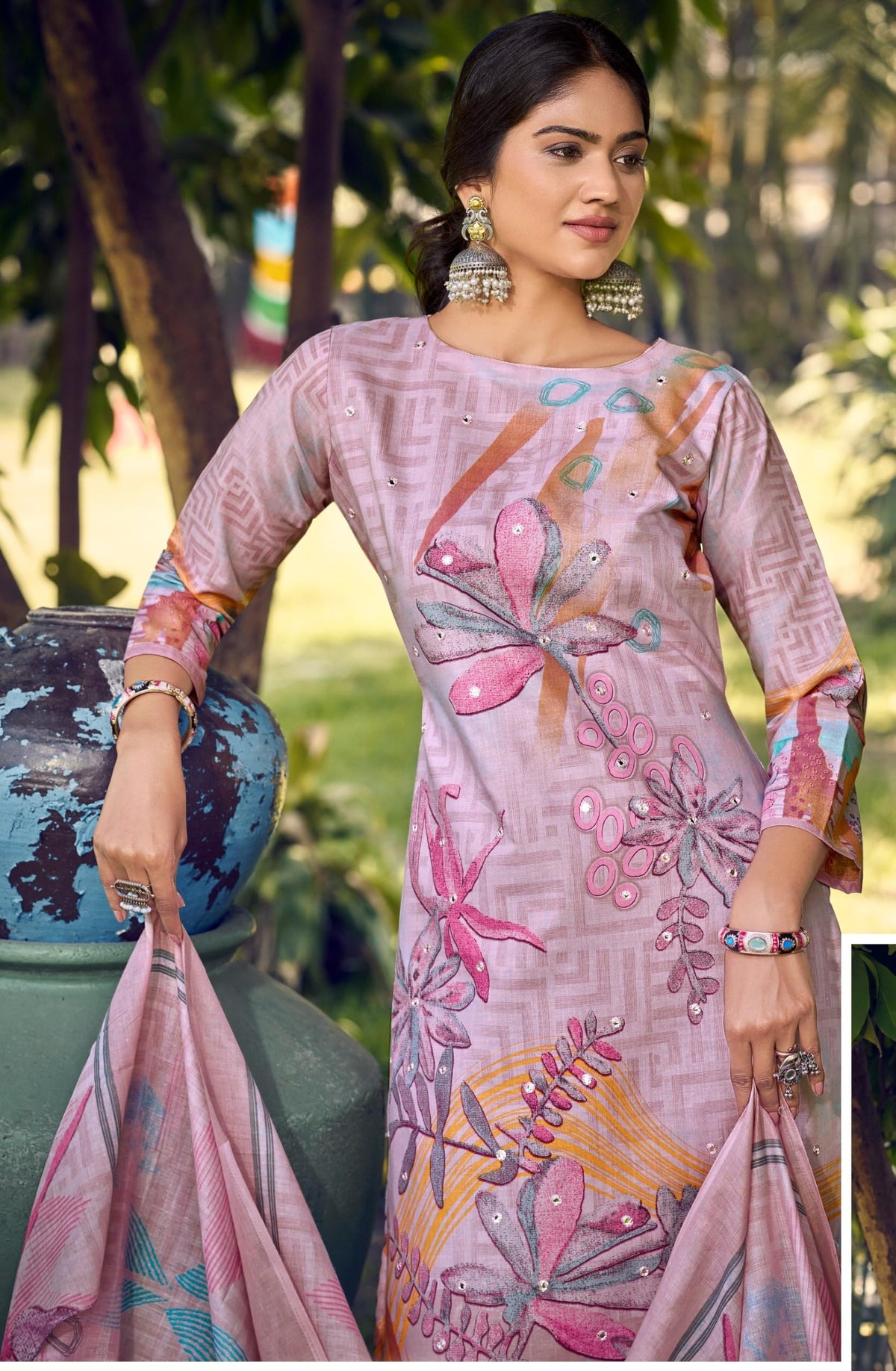 DRAVINAM Trends Women's Unstitched Salwar Suit Dress Material - Cotton Digital Printed Organza Embroidered Kameez II Unstitch Bottoms II Cotton Dupatta