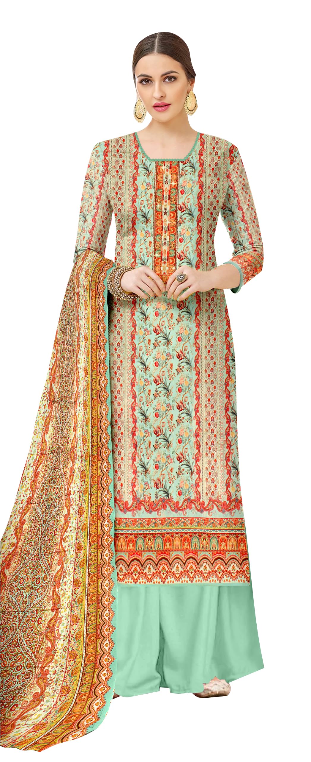 DRAVINAM Trends Pure Wool Pashmina Siroski Work Digital Printed Unstitched Salwar Suit Material with Pashmina Printed Shawl Dupatta
