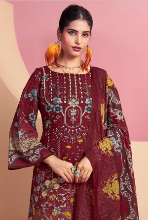 DRAVINAM Trends Cotton Pakistani Embroidered Suit Dress Material with Unstitched Bottoms and Cotton Dupatta