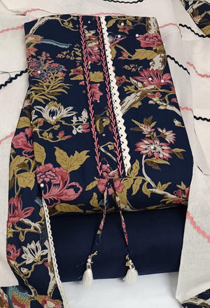 DRAVINAM Trends Women's Floral Printed Premium Cotton Suit Material with Fancy Cotton Dupatta