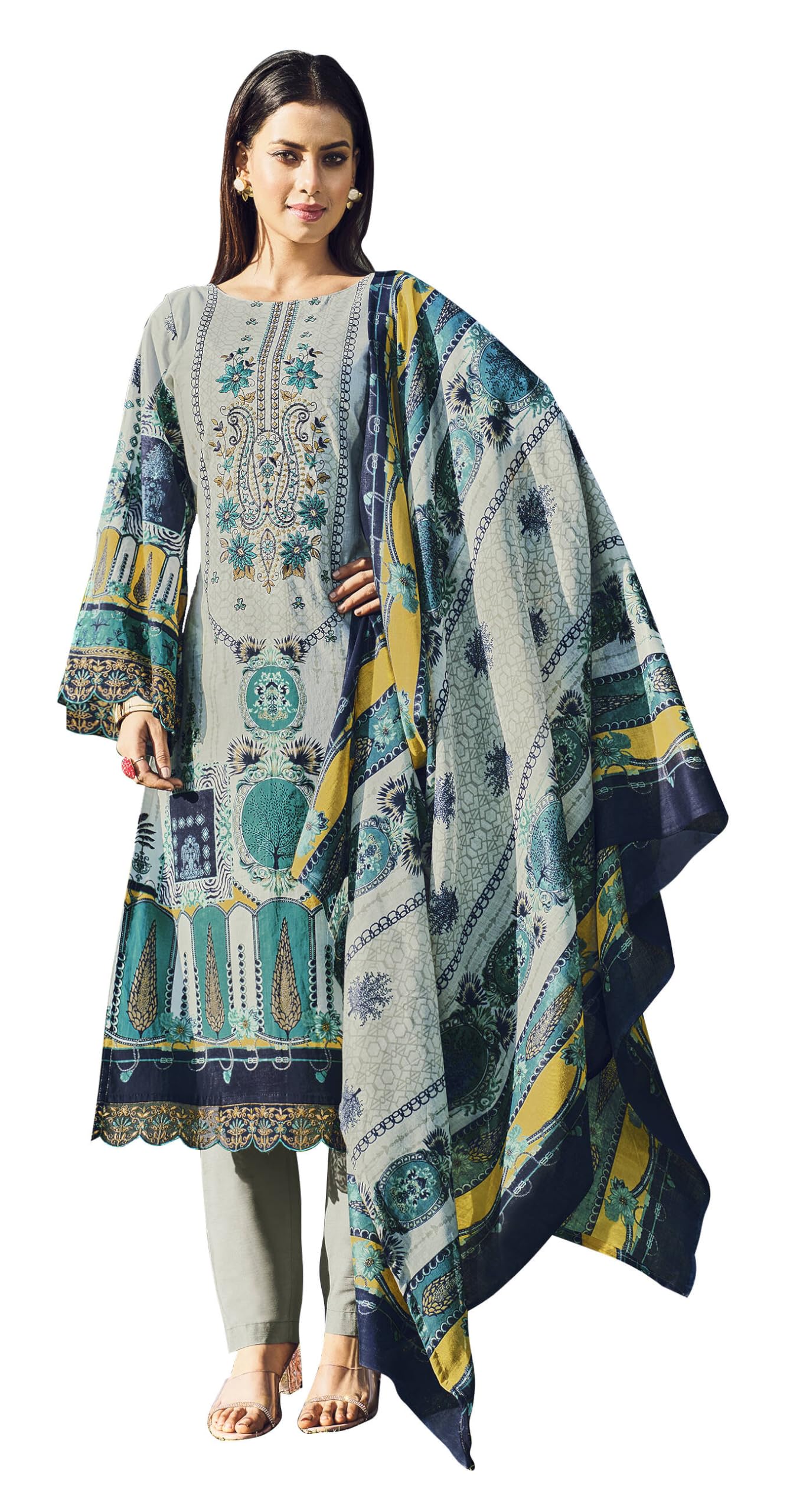 DRAVINAM Trends Unstitched Pakistani Print Embroidered Cotton Salwar Suit Dress Materials with Dupatta