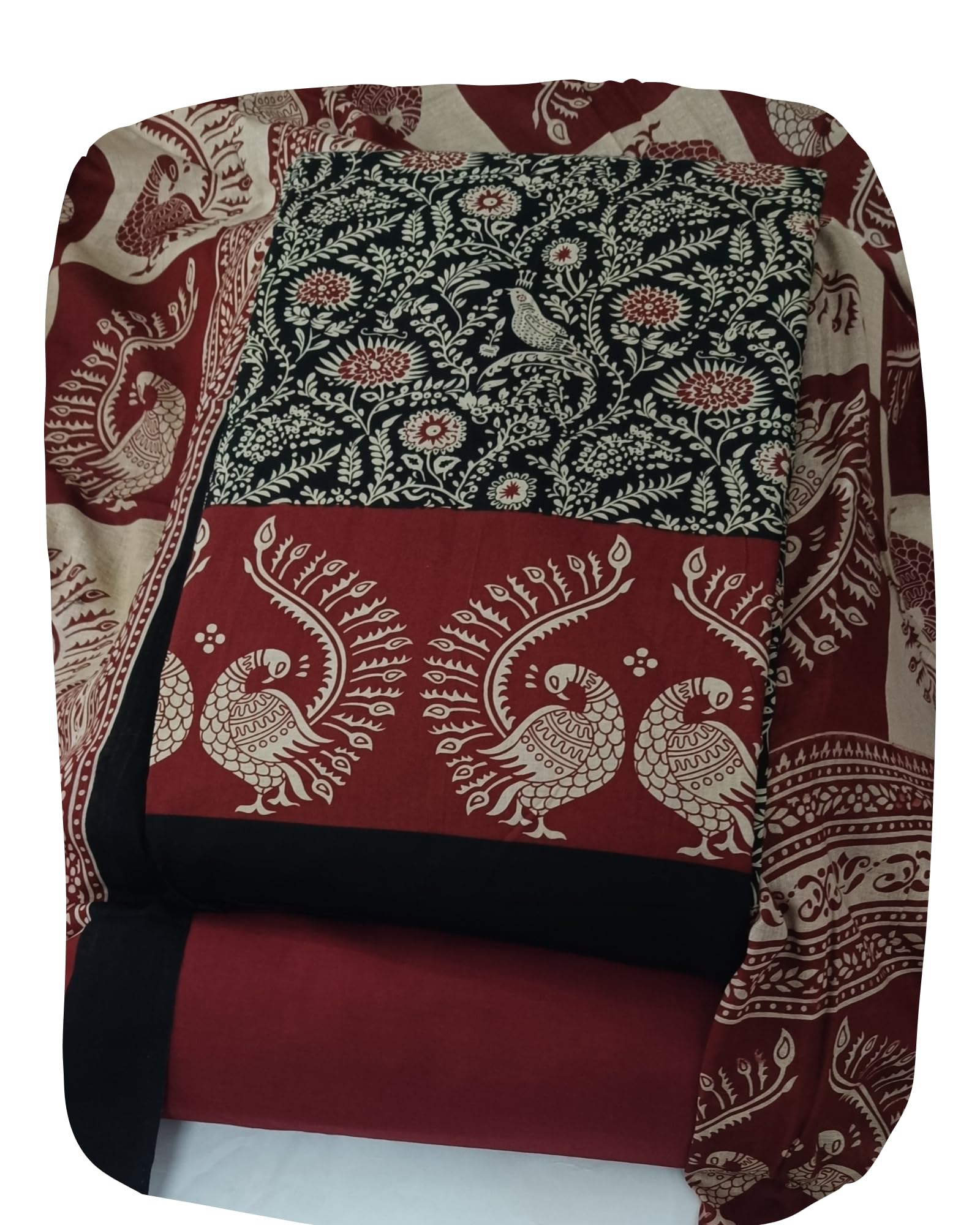 DRAVINAM Trends Women's Handblock Dabu Print Pure Cotton Unstitched Salwar Suit Dress Material with Peacock Motif & Mulmul Dupatta