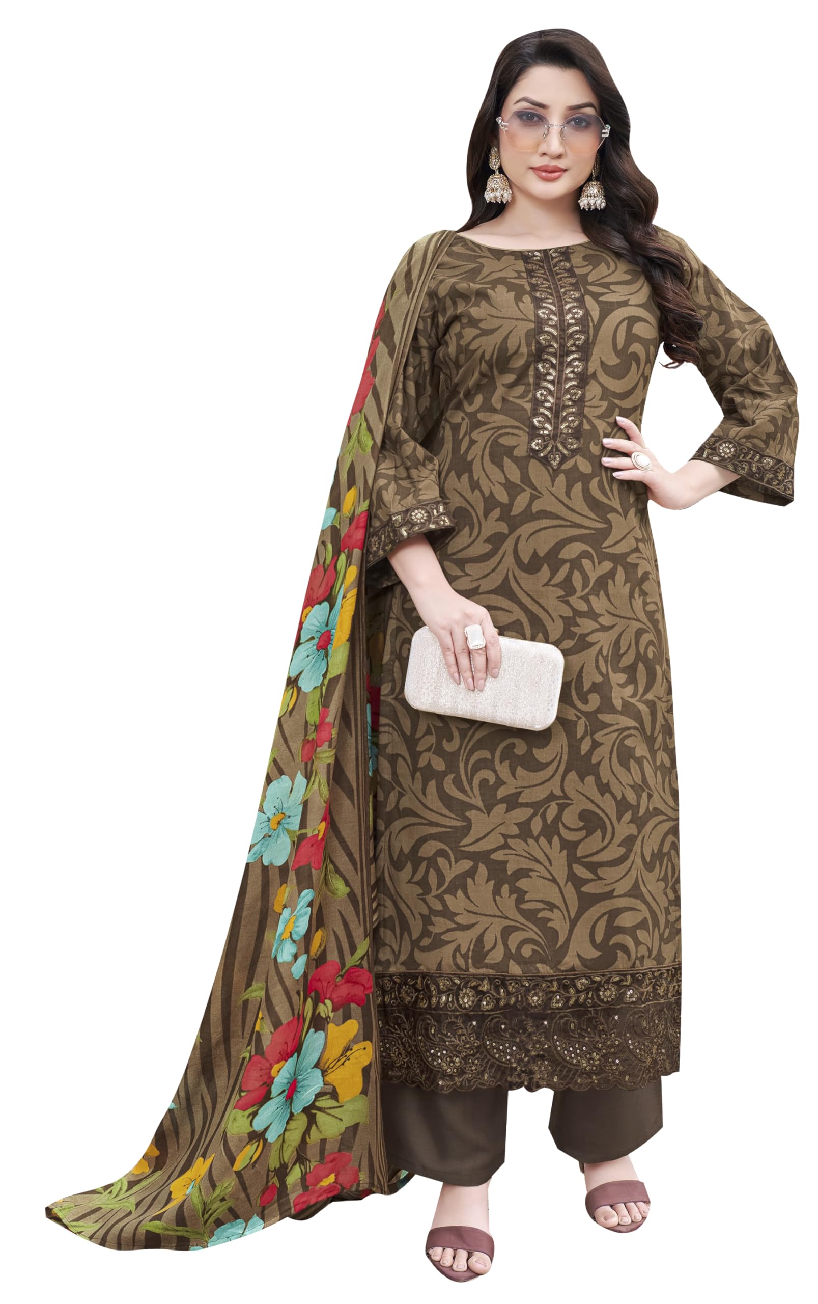 DRAVINAM Trends Kurti 2.50 mtrs,Pure Cotton Solid (2.7 m), Pure Cotton Mal Mal Print Dupatta (2.25 m)|Brown
