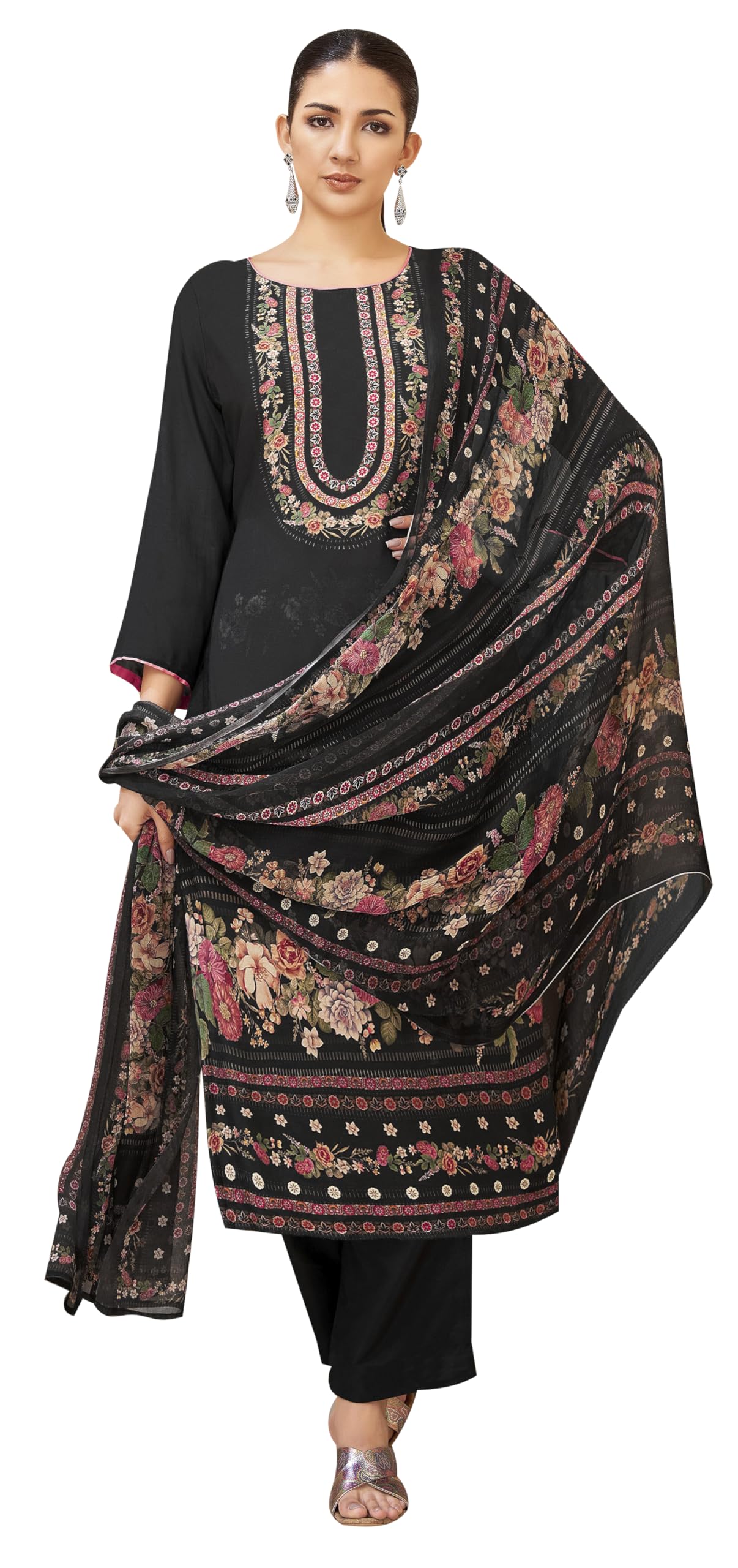 DRAVINAM Trends Women's Unstitched Viscose Maslin Hand Embroidered Suit Material - Viscose Maslin Digital Printed Hand Embroidered Kameez II Rayon Bottoms II Half Pure Digital Printed Dupatta