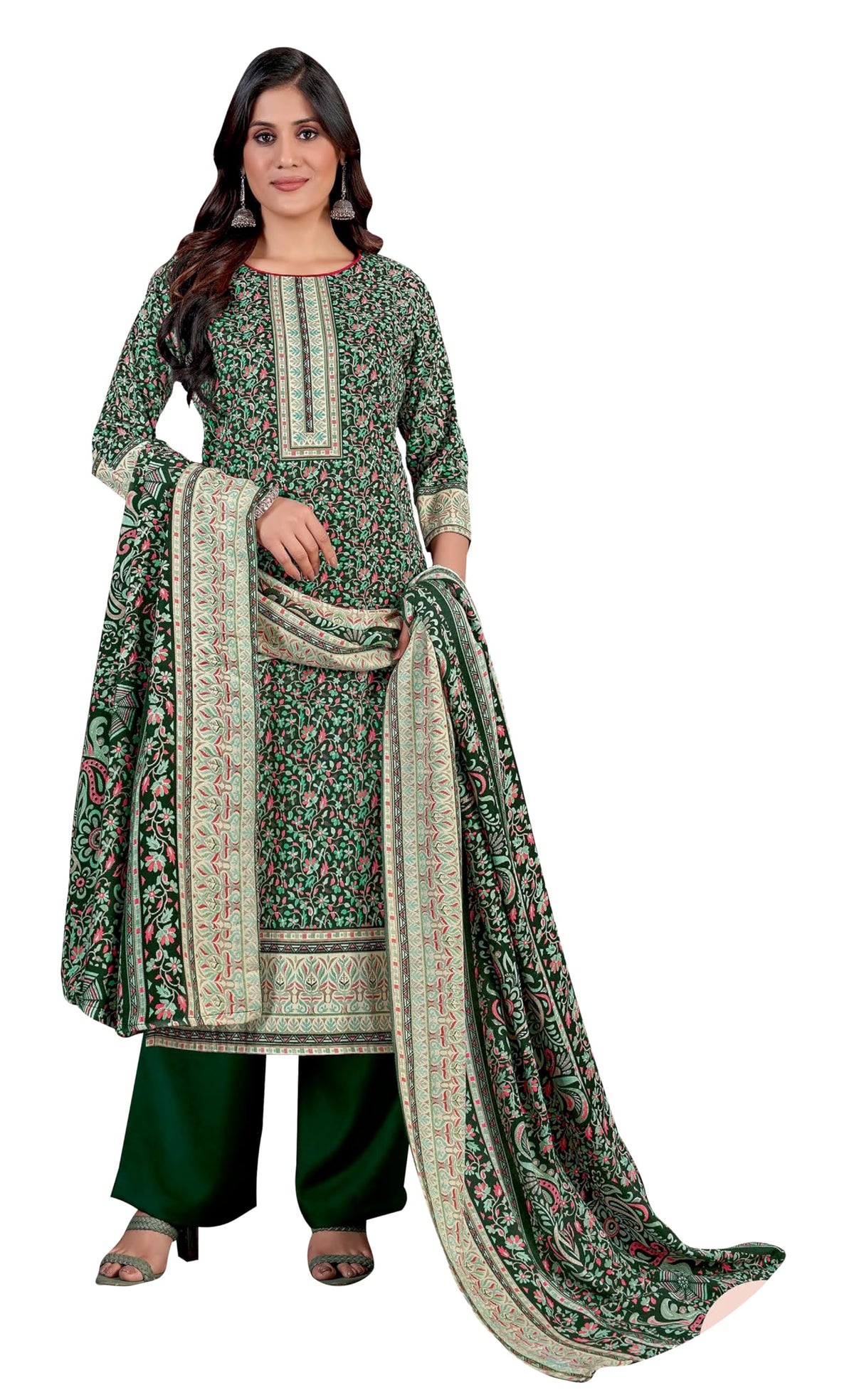 DRAVINAM Trends Women's Unstitched Kaani Digital Print Swaroski Work Spun Pashmina Winter wear Dress Material Fabric for Salwar Suit with printed Pashmina Kashmiri shawl dupatta (Free size)