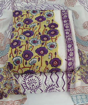 DRAVINAM Trends Hand Block Print Cambric Cotton Unstitched Salwar Suit Set for Women with Pure Chiffon Hand Printed Dupatta