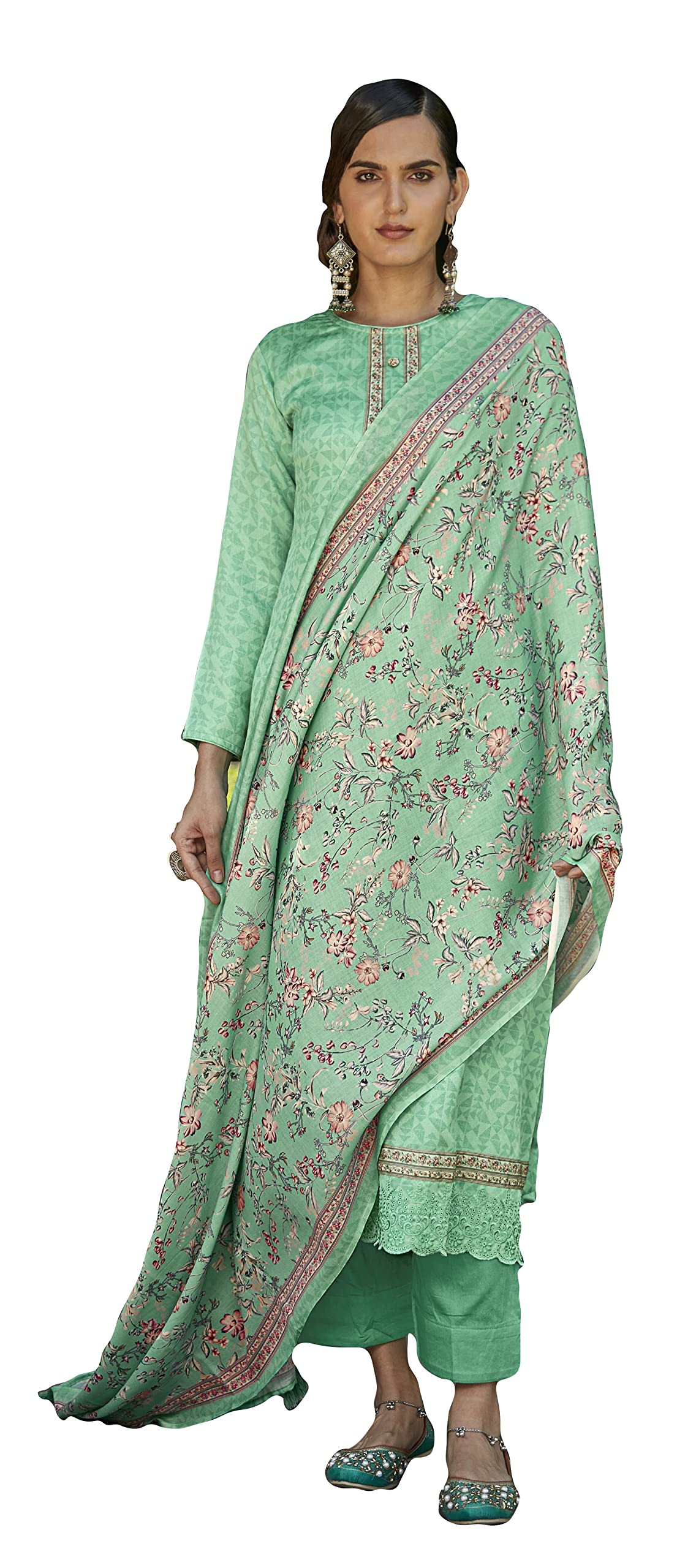 DRAVINAM Trends Women's Unstitched digital Print Embroidered Pure Woollen Pashmina Salwar Suit Dress Material with printed woolen shawl dupatta (Green)