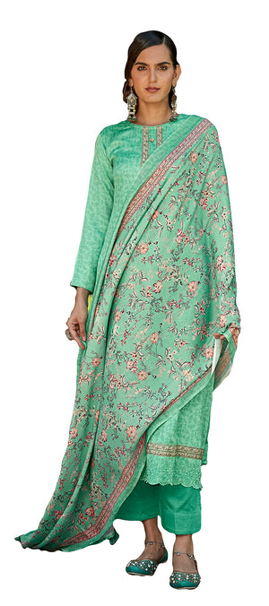 DRAVINAM Trends Women's Unstitched digital Print Embroidered Pure Woollen Pashmina Salwar Suit Dress Material with printed woolen shawl dupatta (Cream)