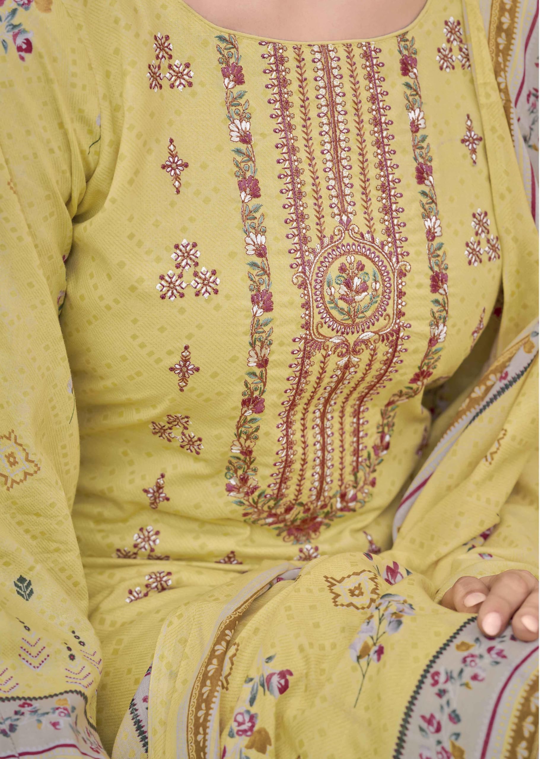 DRAVINAM Trends Women's Pure Lawn Cotton Pakistani Embroidered Salwar Suit Dress Material with Unstitched Bottoms and Printed Cotton Dupatta