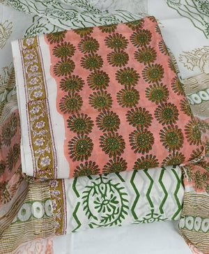 DRAVINAM Trends Hand Block Print Cambric Cotton Unstitched Salwar Suit Set for Women with Pure Chiffon Hand Printed Dupatta