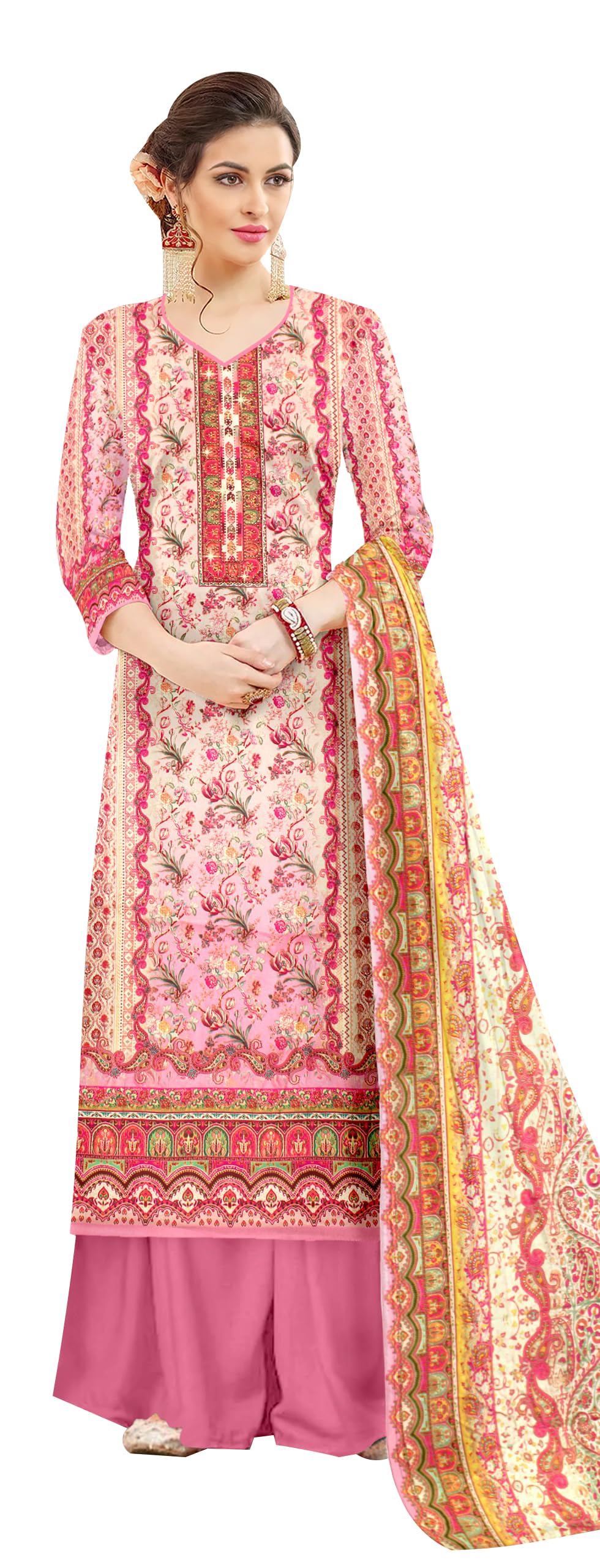 DRAVINAM Trends Pure Pashmina Siroski Work Digital Printed Unstitched Salwar Suit Material with Pashmina Printed Dupatta