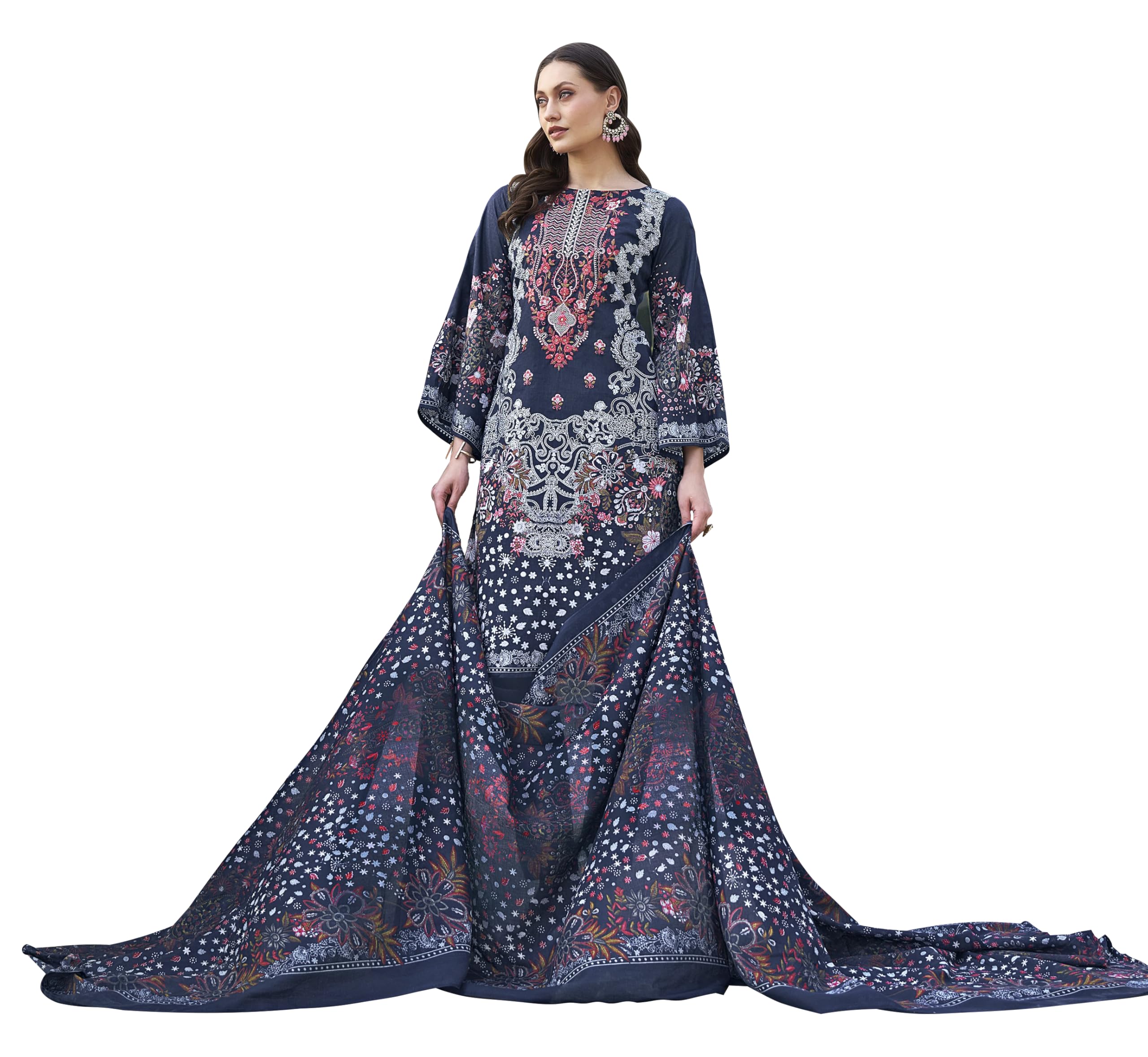 DRAVINAM Trends Women's Stitched Pakistani Print Embroidered Pure Cotton Pant Suit Set with Cotton Printed Dupatta (XL)