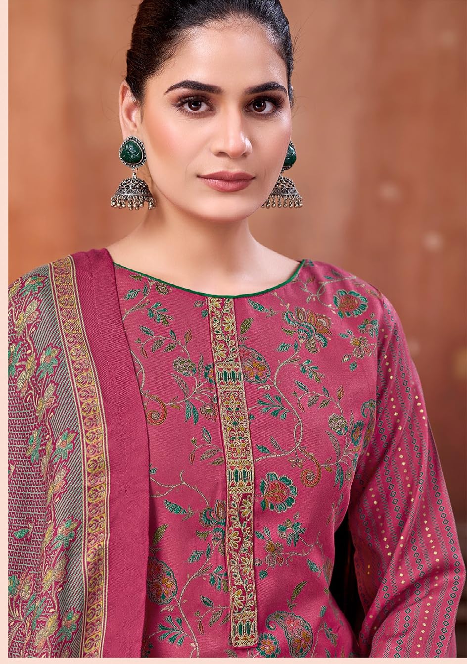 DRAVINAM Trends Women's Winter Wear Unstitched Discharge Print Hand Work Neck Embroidered Woollen Viscose Pashmina Salwar Suit Dress Material with Pashmina Printed Shawl Dupatta