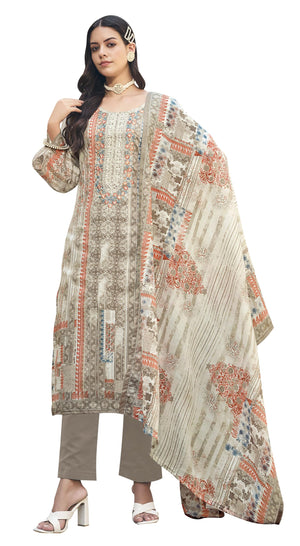 DRAVINAM Trends Women's Cotton Printed Thread Embroidery Work Unstitched Salwar Suit Dress Material With Dupatta (Grey, Unstitched Suit)