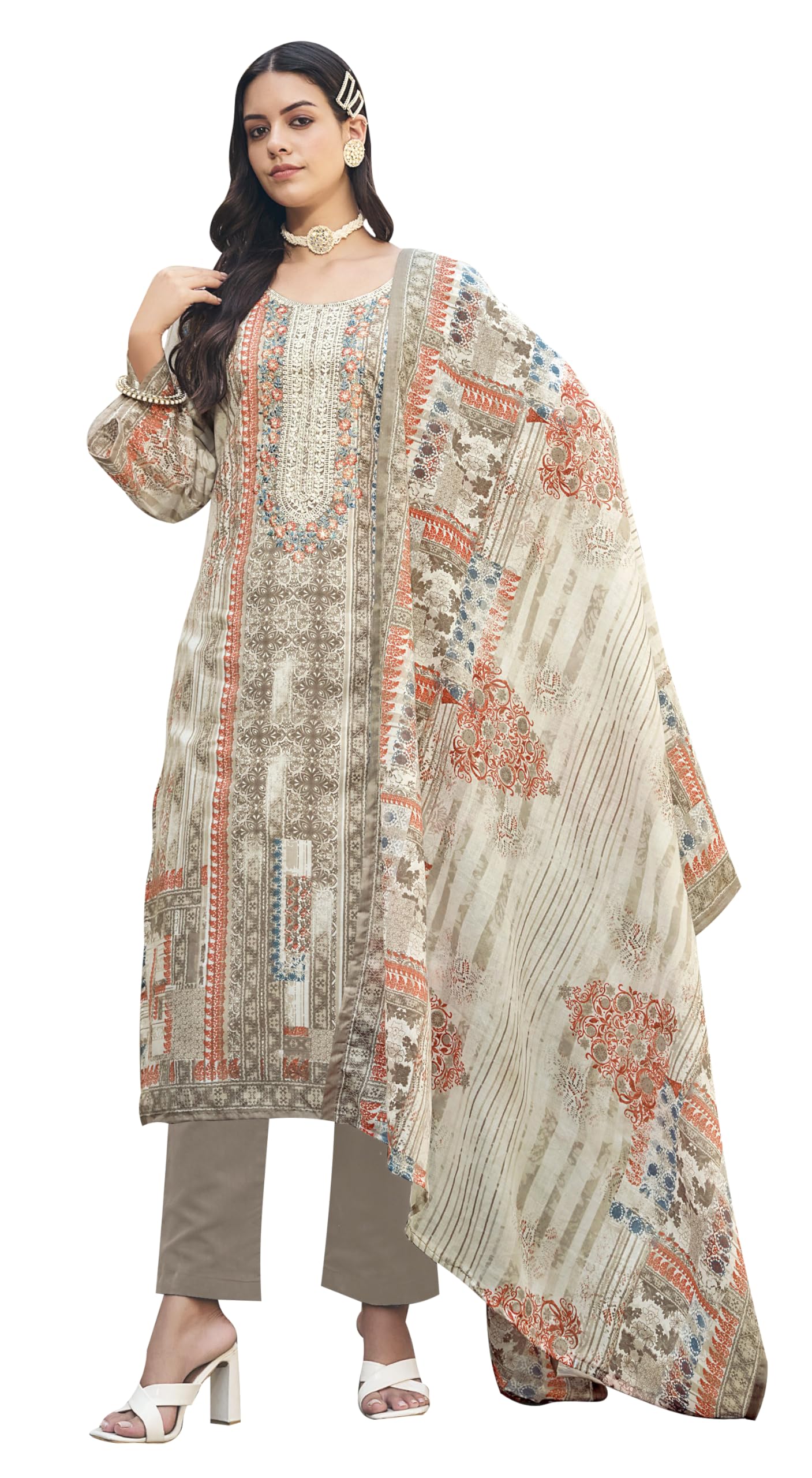 DRAVINAM Trends Kurti 2.50 mtrs, Pure Cotton Salwar (3 mtrs apx), Pure Cotton Mal Mal Print (2.30|Sand Grey