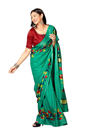 DRAVINAM Trends Women's Khadi Linen Saree With Un-stitched Blouse (SareePe_1_Green & Red)