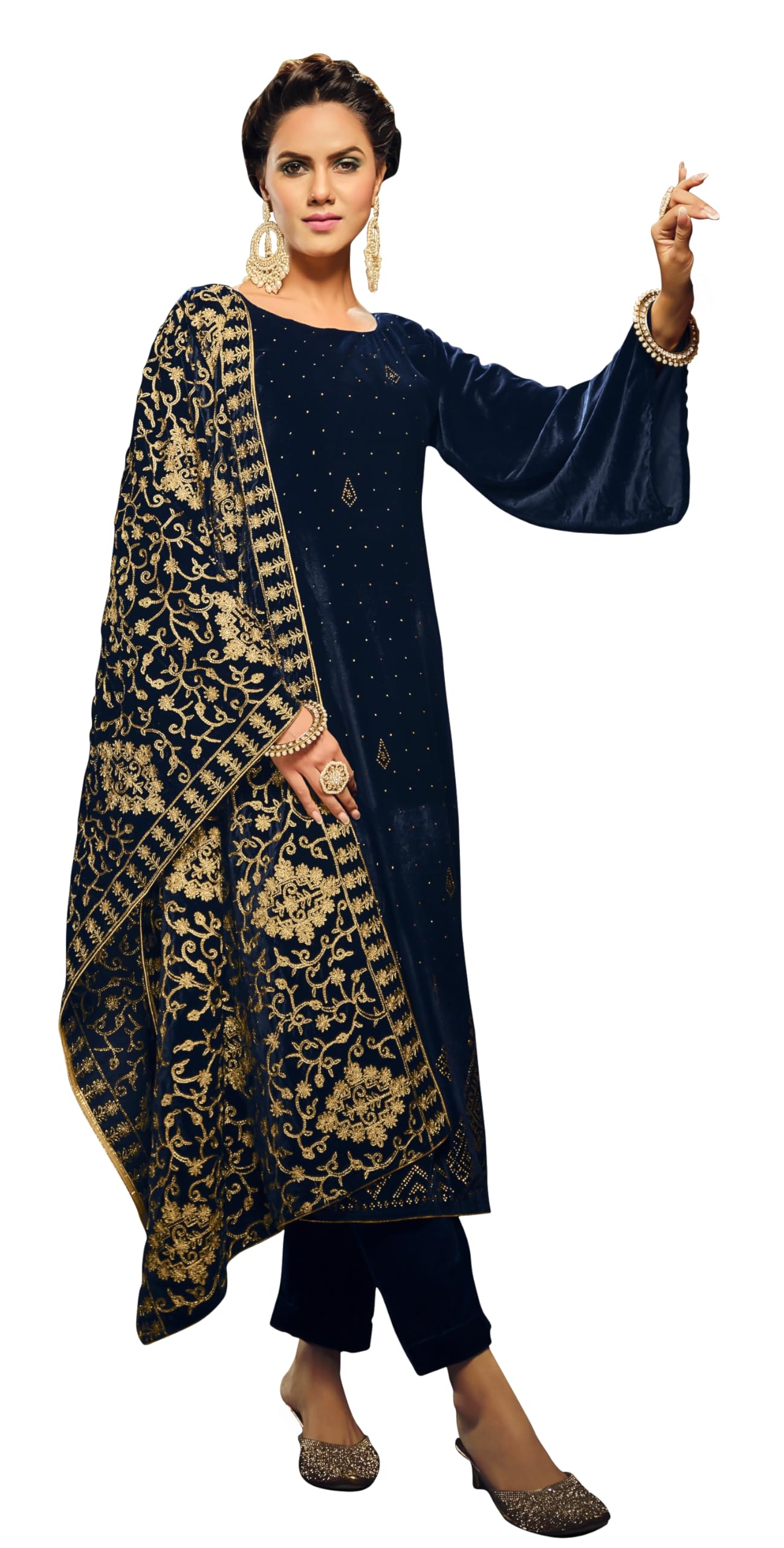 DRAVINAM Trends Women's Unstitch Premium Velvet Fancy Siroski Work Winter Wear Salwar Suit material with Twill Pashmina Unstitch Bottoms and Embroidered Pure Velvet Shawl Dupatta
