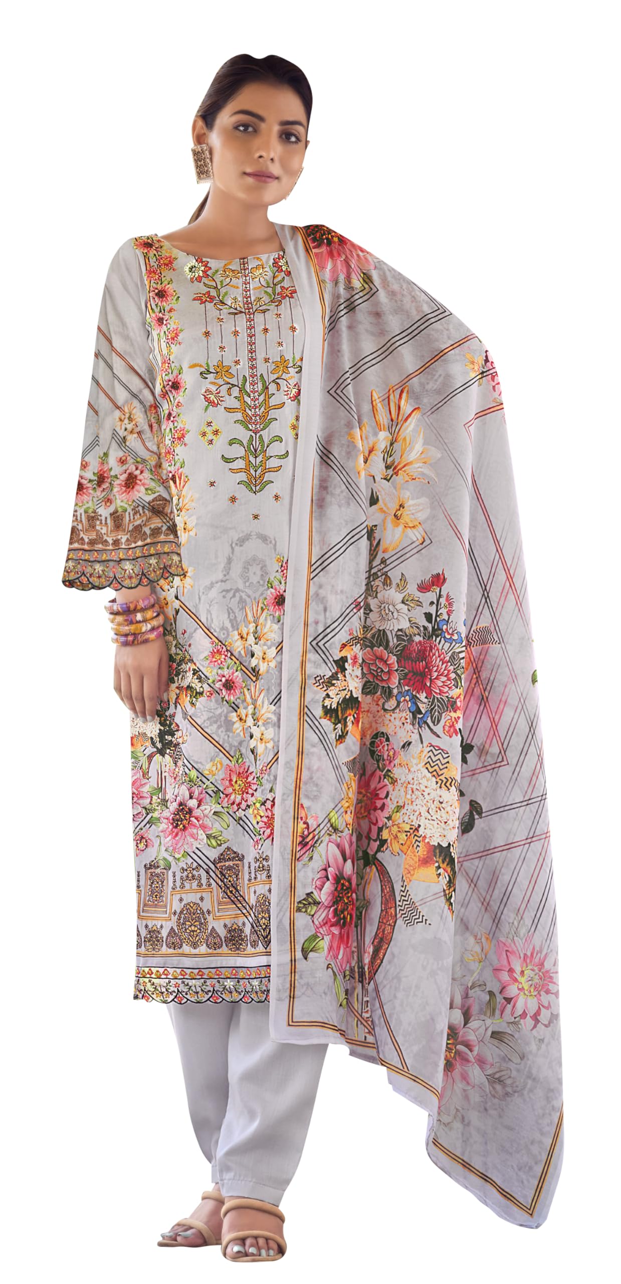 DRAVINAM Trends Unstitched Suit Material II Jam Cotton Pakistani Digital Printed Neck and Daman Embroidered Swaroski Work Kameez II Unstitched Bottoms II Cotton Maslin Dupatta
