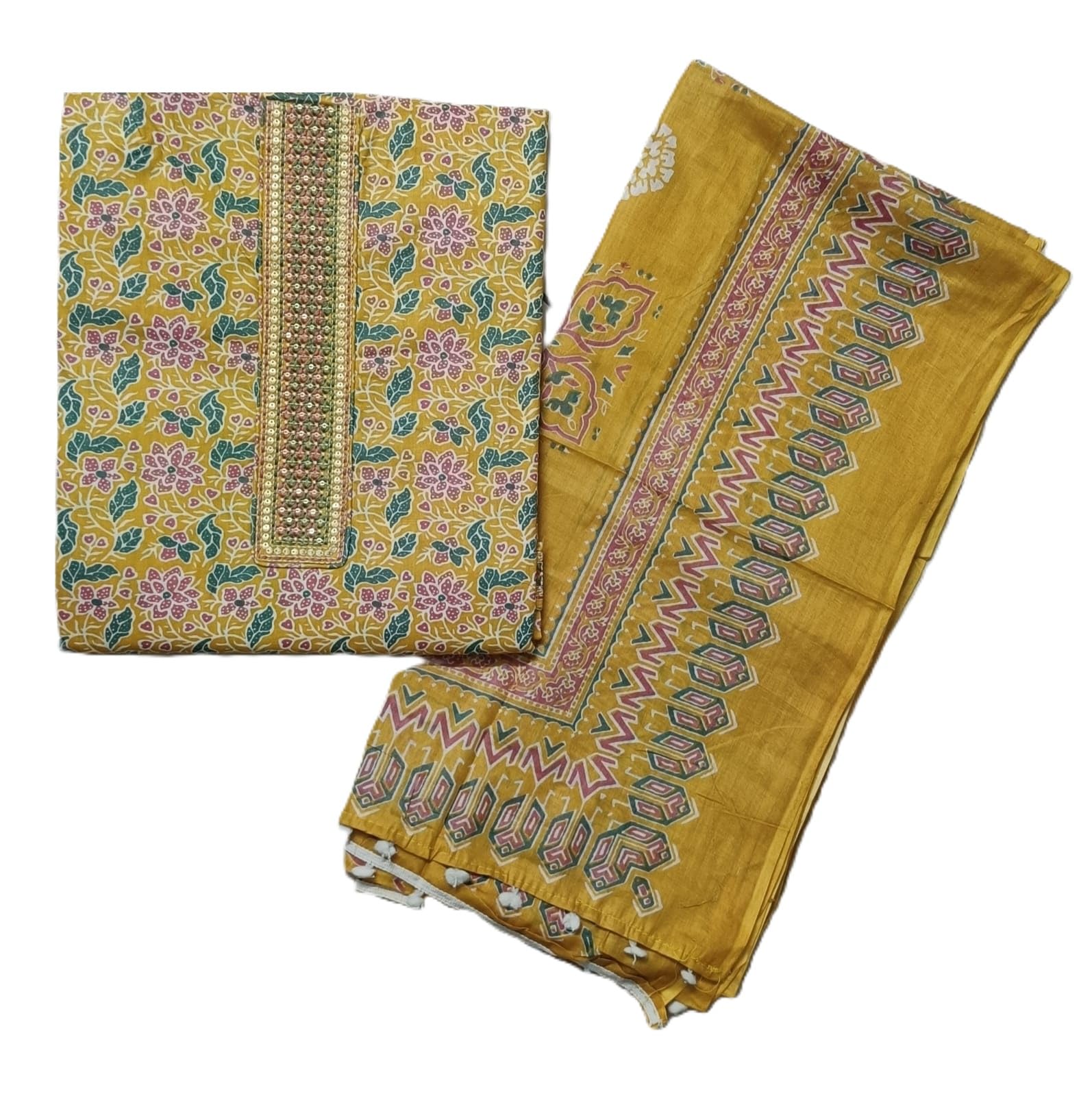 DRAVINAM Trends Women's Printed Embroidered and Hand Work Premium Cotton Jaipuri Unstitched Salwar Suit Dress Material with Mulmul Cotton Dupatta