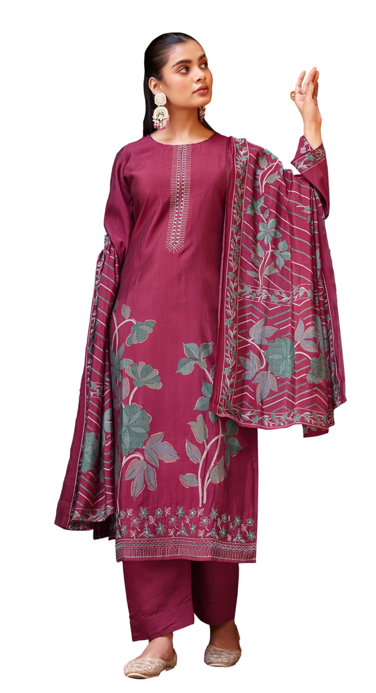 DRAVINAM Trends Women's Unstitched Salwar Suit Dress Material Pure Viscose Maslin Digital Foil Print Embroidered Kameez Plain Unstitched Bottoms and Maslin Digital print Dupatta