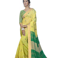 DRAVINAM Trends Women's Foil Printed Thin Cotton saree with Golden Border and Tassels and Blouse Piece (Yellow and Green)