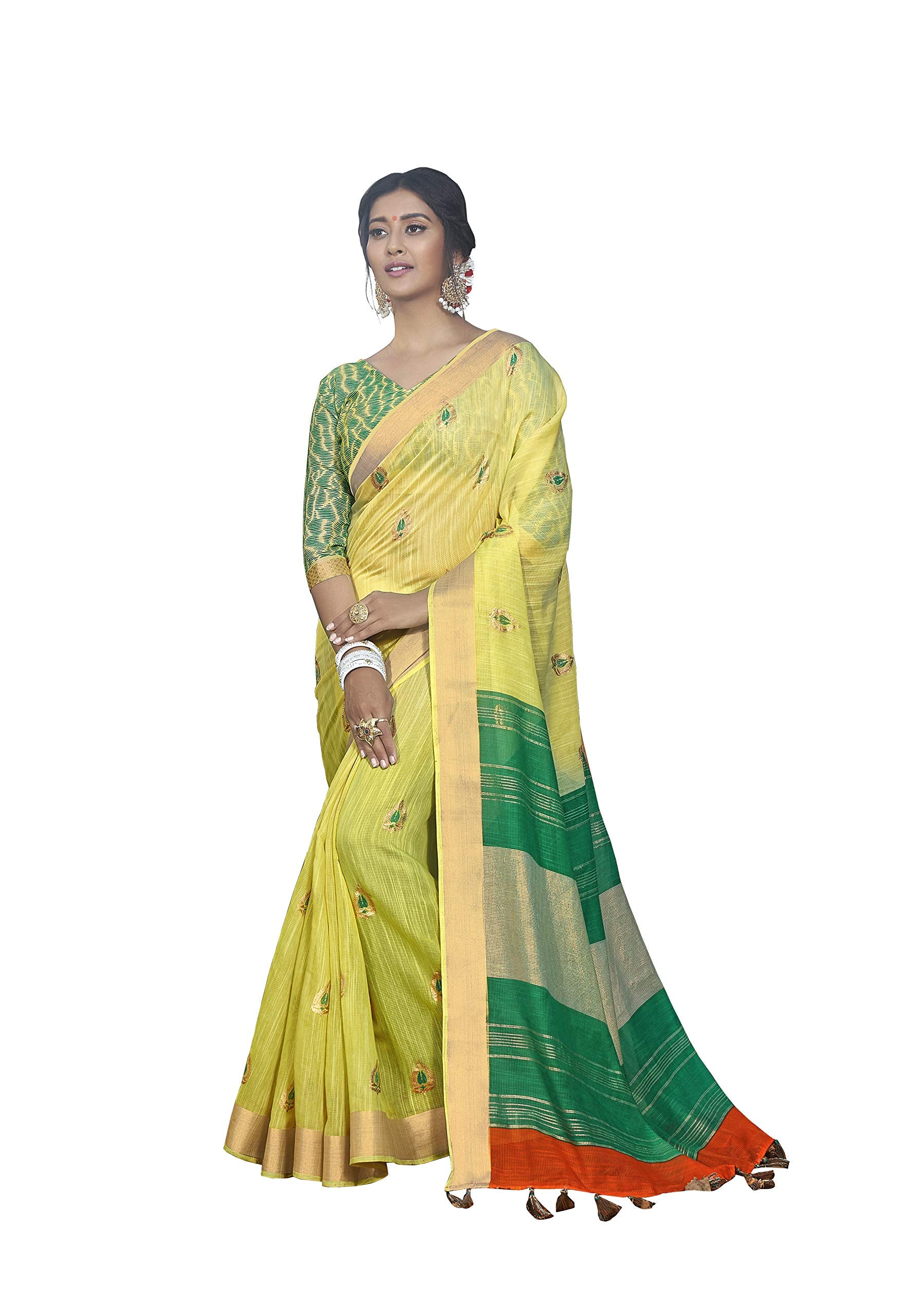 DRAVINAM Trends Women's Foil Printed Thin Cotton saree with Golden Border and Tassels and Blouse Piece (Yellow and Green)