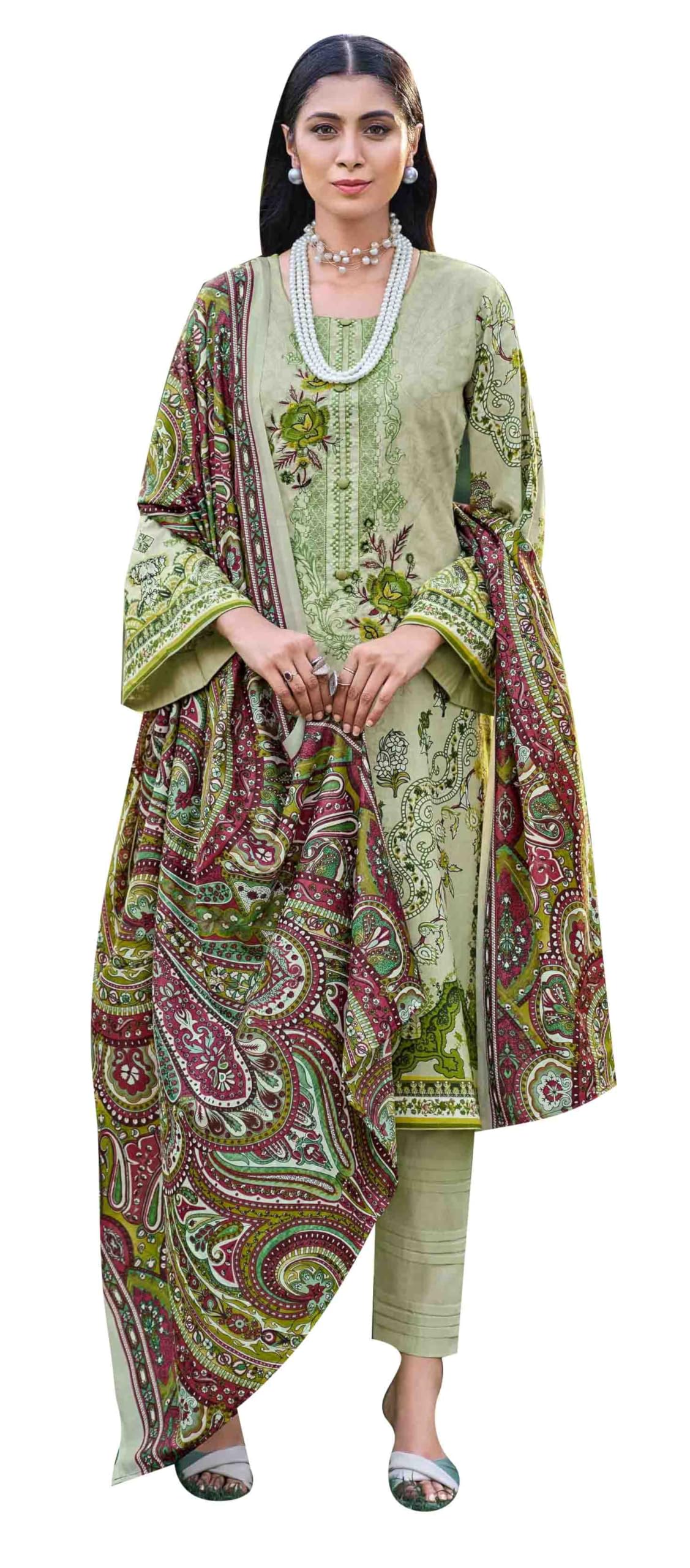 DRAVINAM Trends Unstitched Suit Material Karachi Lawn Cotton Pakistani Digital Printed Embroidered Kameez with Unstitched Bottoms and Cotton Dupatta