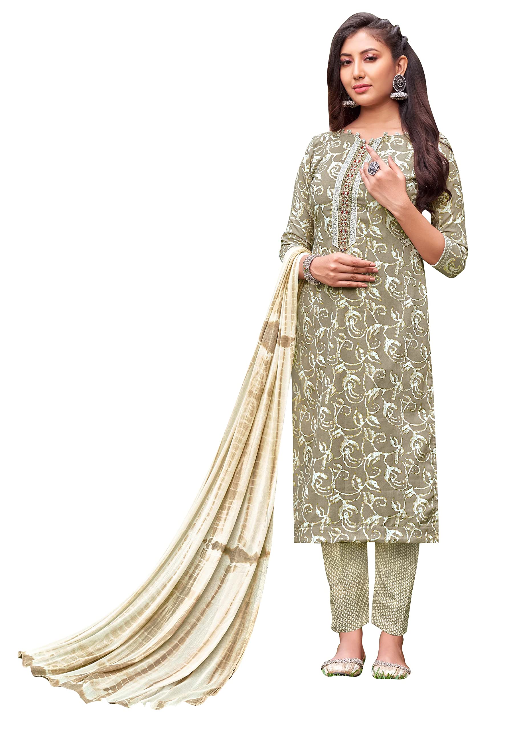 DRAVINAM Trends Women's Cotton Print Unstitched Suit Set (Grey)