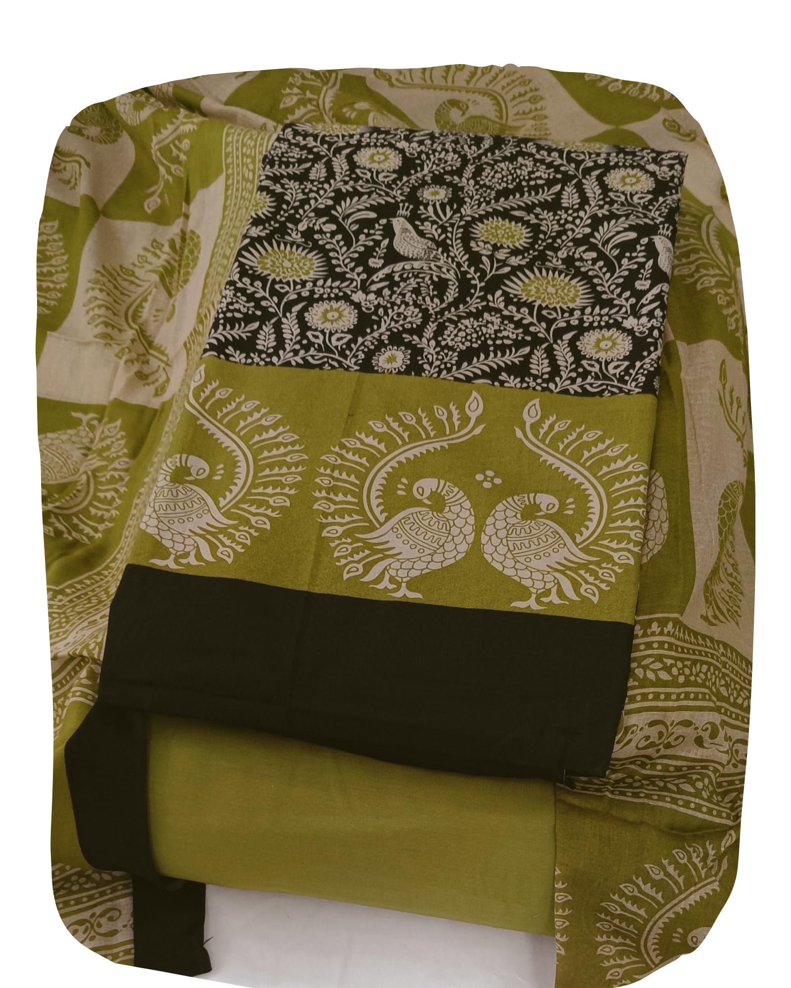 DRAVINAM Trends Women's Handblock Dabu Print Pure Cotton Unstitched Salwar Suit Dress Material with Peacock Motif & Mulmul Dupatta