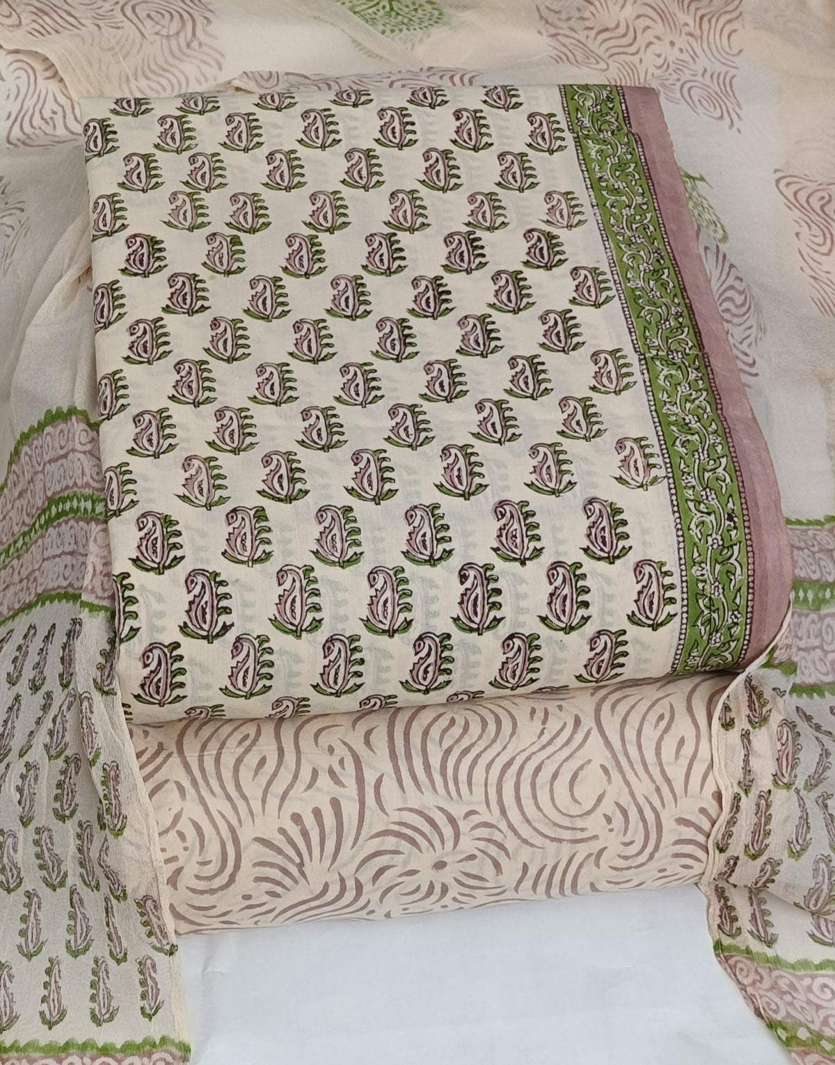 DRAVINAM Trends Hand Block Print Cambric Cotton Unstitched Salwar Suit Set for Women with Pure Chiffon Hand Printed Dupatta