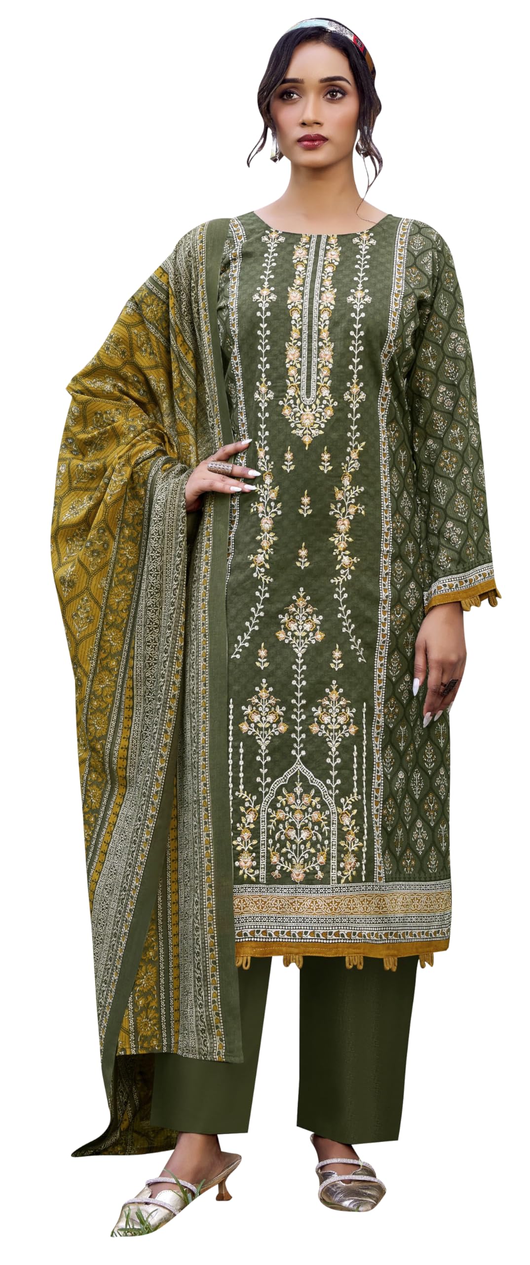 DRAVINAM Trends Unstitched Karachi Lawn Cotton Pakistani Digital Printed Embroidered Suit Dress Material with Unstitched Bottoms and Cotton Dupatta