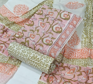 DRAVINAM Trends Hand Block Print Sanganeri Cambric Unstitched Cotton Suit Dress Material for Women with Mulmul Cotton Hand Printed Dupatta