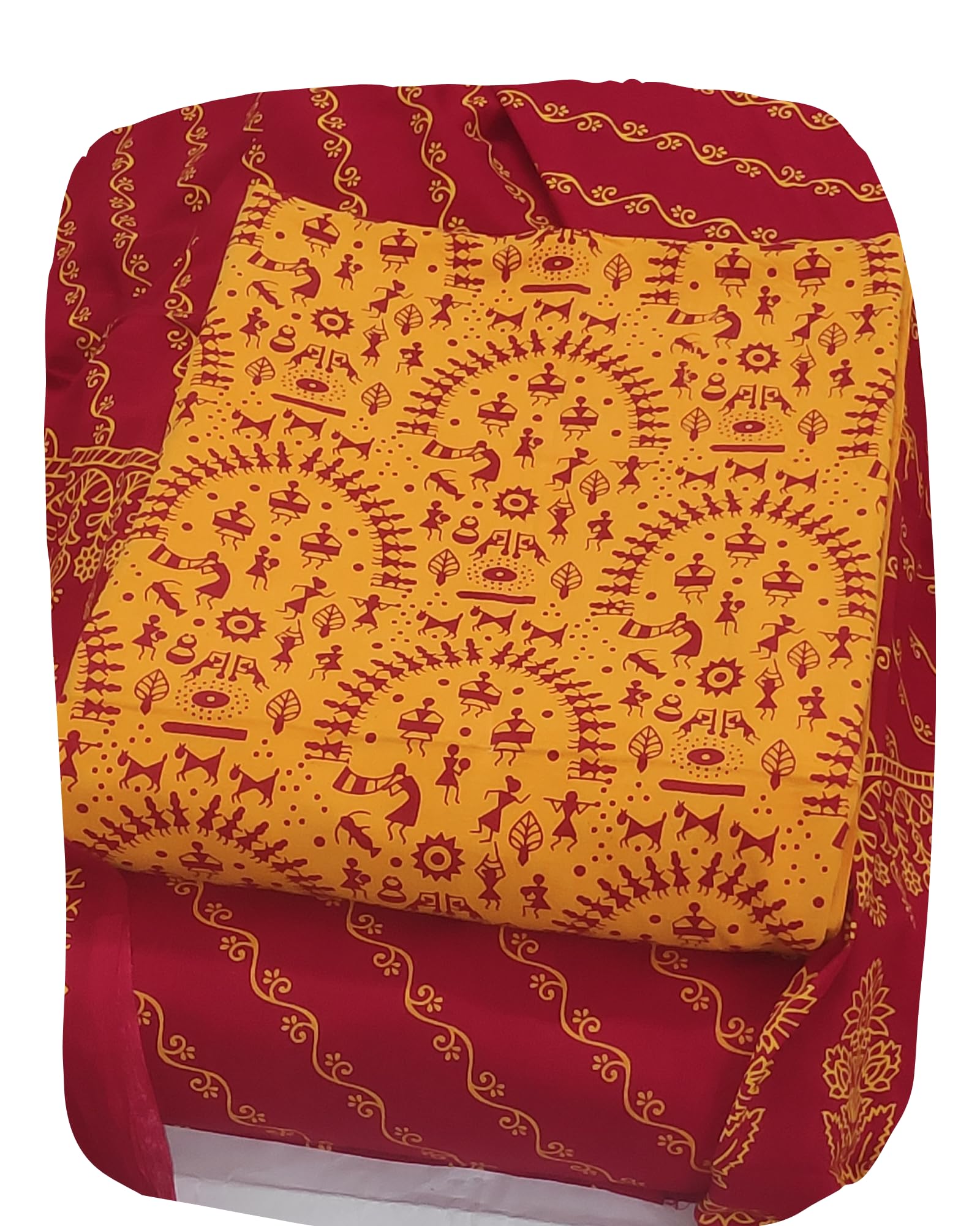 DRAVINAM Trends Women's Premium Cotton Unstitched Salwar Suit Dress Material Set | Traditional Rajasthani Gujari Block Print (Red & Mustard Yellow)