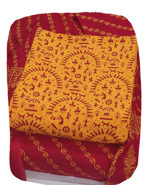 DRAVINAM Trends Women's Premium Cotton Unstitched Salwar Suit Dress Material Set | Traditional Rajasthani Gujari Block Print (Red & Mustard Yellow)