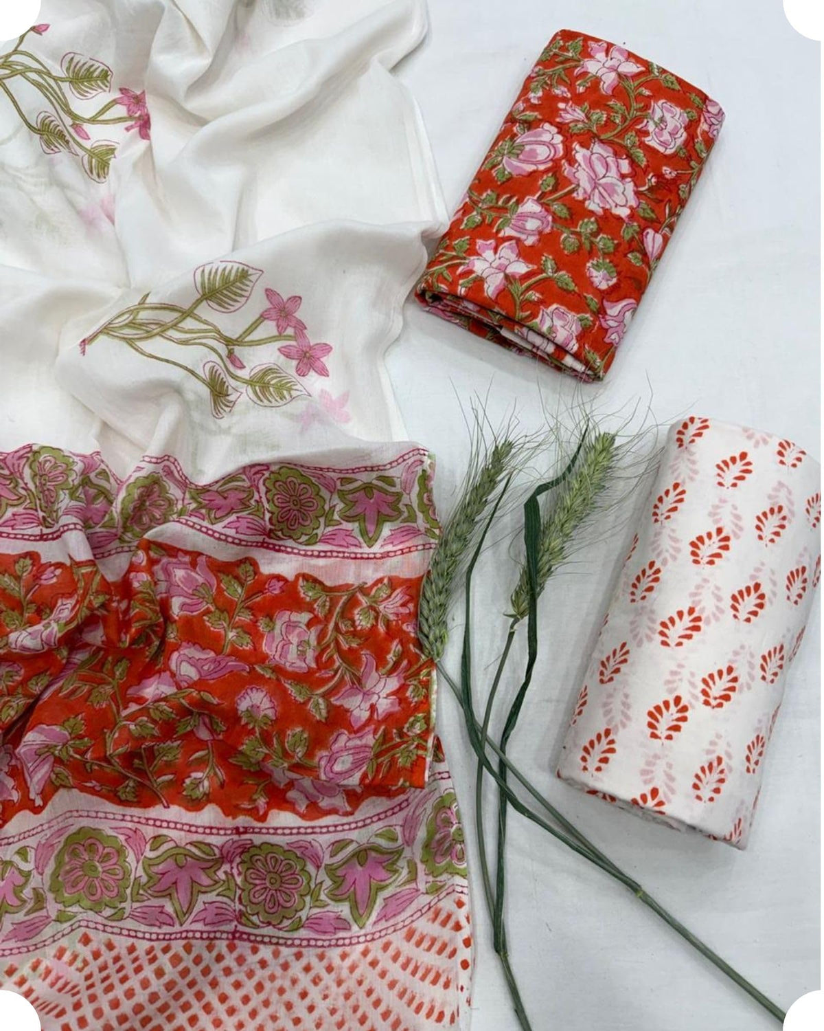 DRAVINAM Trends Premium Hand Block Floral Print Unstitched Pure Cotton Salwar Suit Set with Dupatta - Red & White