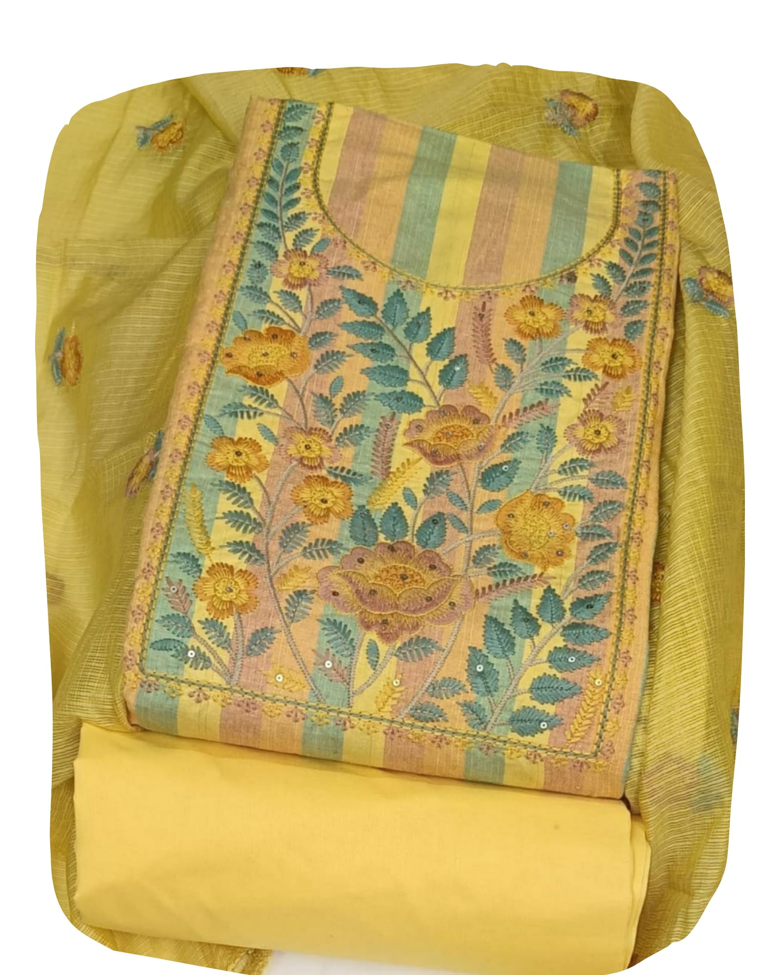 DRAVINAM Trends Women Cotton Embroidered Unstitched Suit Material with Kota Doriya Dupatta Set (Yellow)