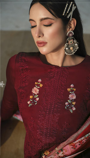 DRAVINAM Trends Women's Unstitched Jam Cotton Embroidered Suit Material - Jam Cotton Heavy Embroidered Cutwork Shirt II Rayon Bottoms II Cotton Printed Dupatta