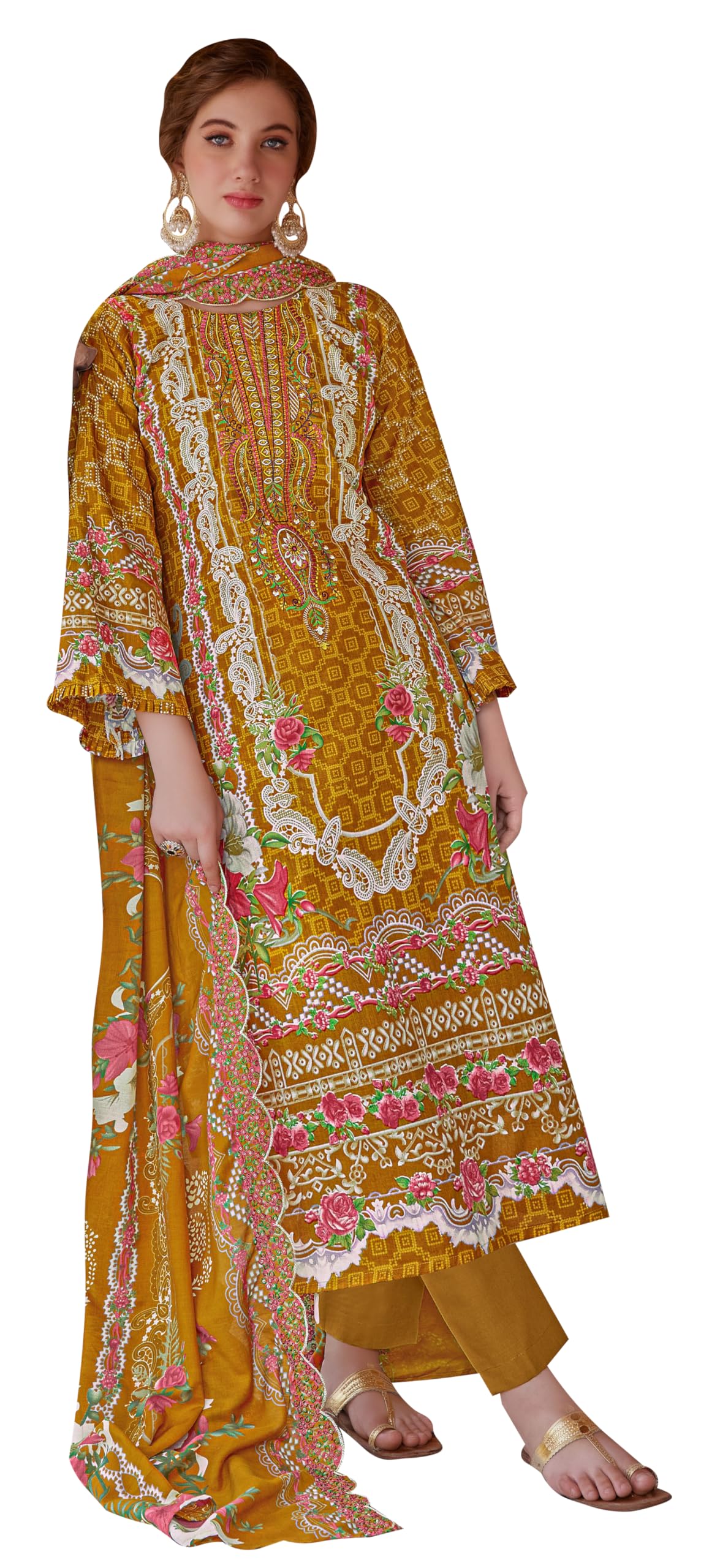 DRAVINAM Trends Women's Unstitched Pakistani Digital Print Embroidered Pure Cotton Salwar Suit Dress Materials with Cotton Embroidered Cutwork Dupatta