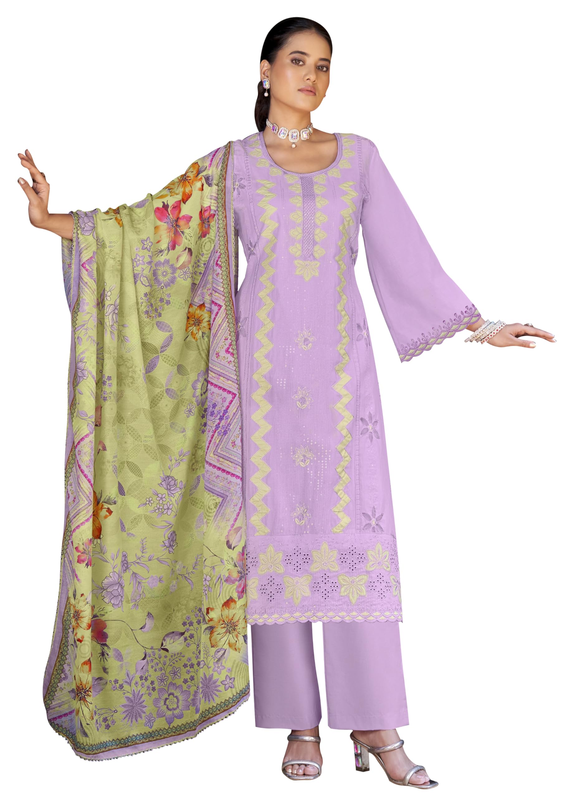 DRAVINAM Trends Women's Unstitch Cotton Suit Dress material II Pure Cambric Lawn Cotton Embroidered Cut Paste Work Top II Pure Cotton Solid Bottoms II Cotton Print Dupatta