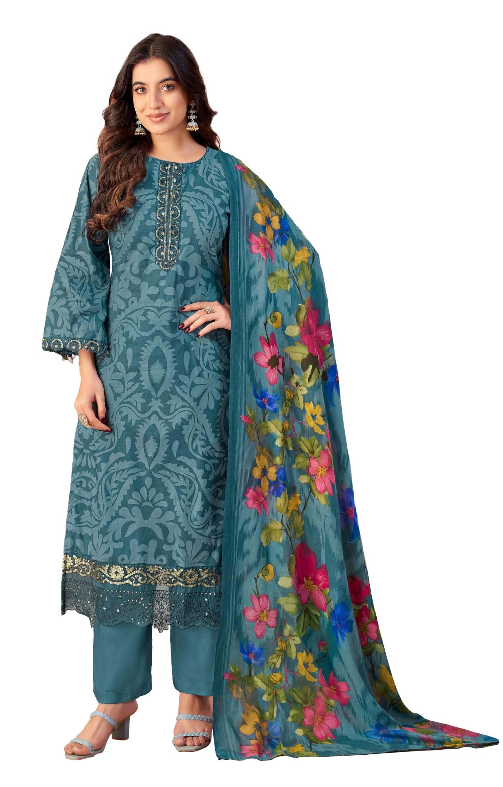 DRAVINAM Trends Unstitched Pakistani Embroidered Pure Cambric Cotton Salwar Suit Dress Materials with Mal Mal Cotton Printed Dupatta